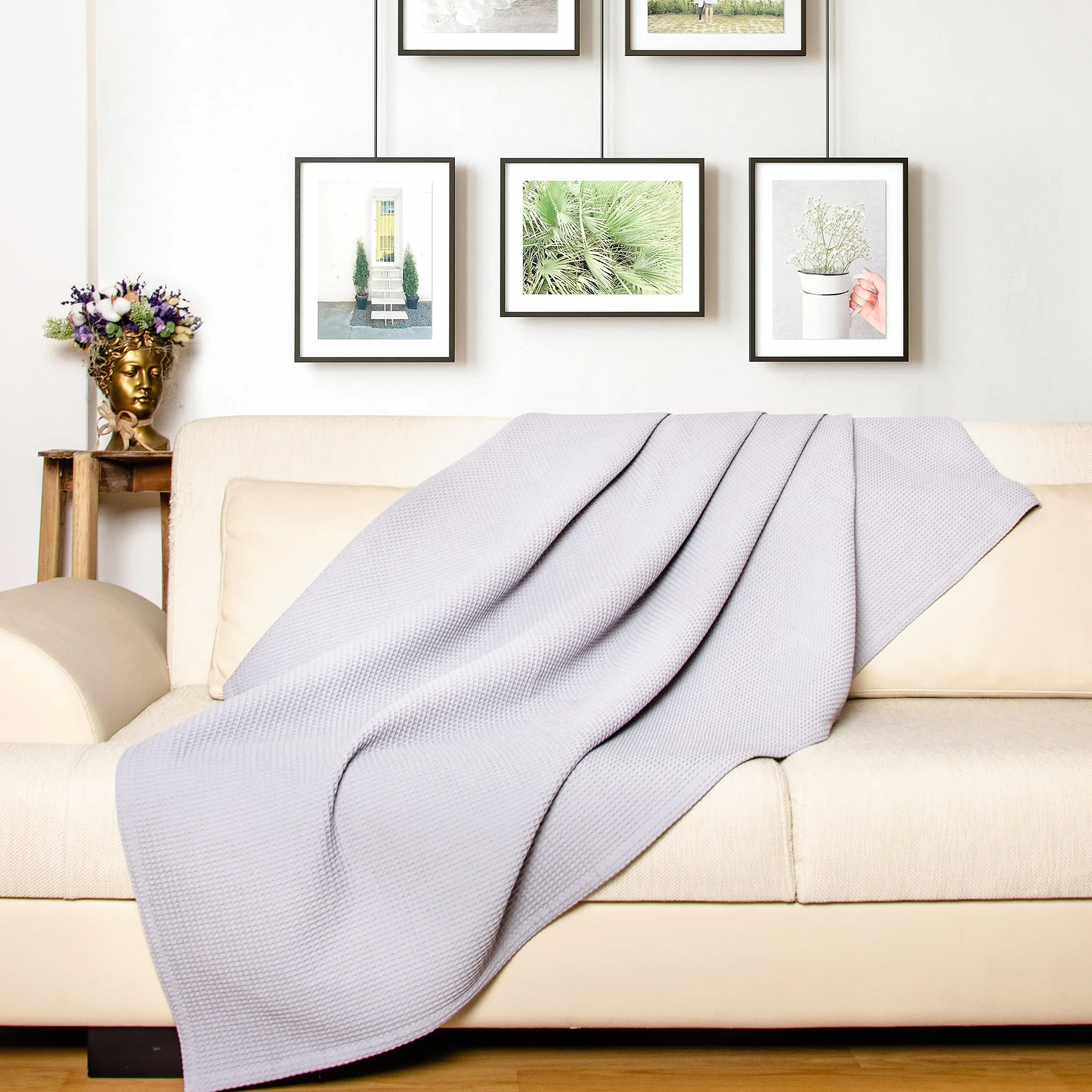 LAYNENBURG narzuta bawełniana 240x260 cm XXL, struktura waflowa, szara