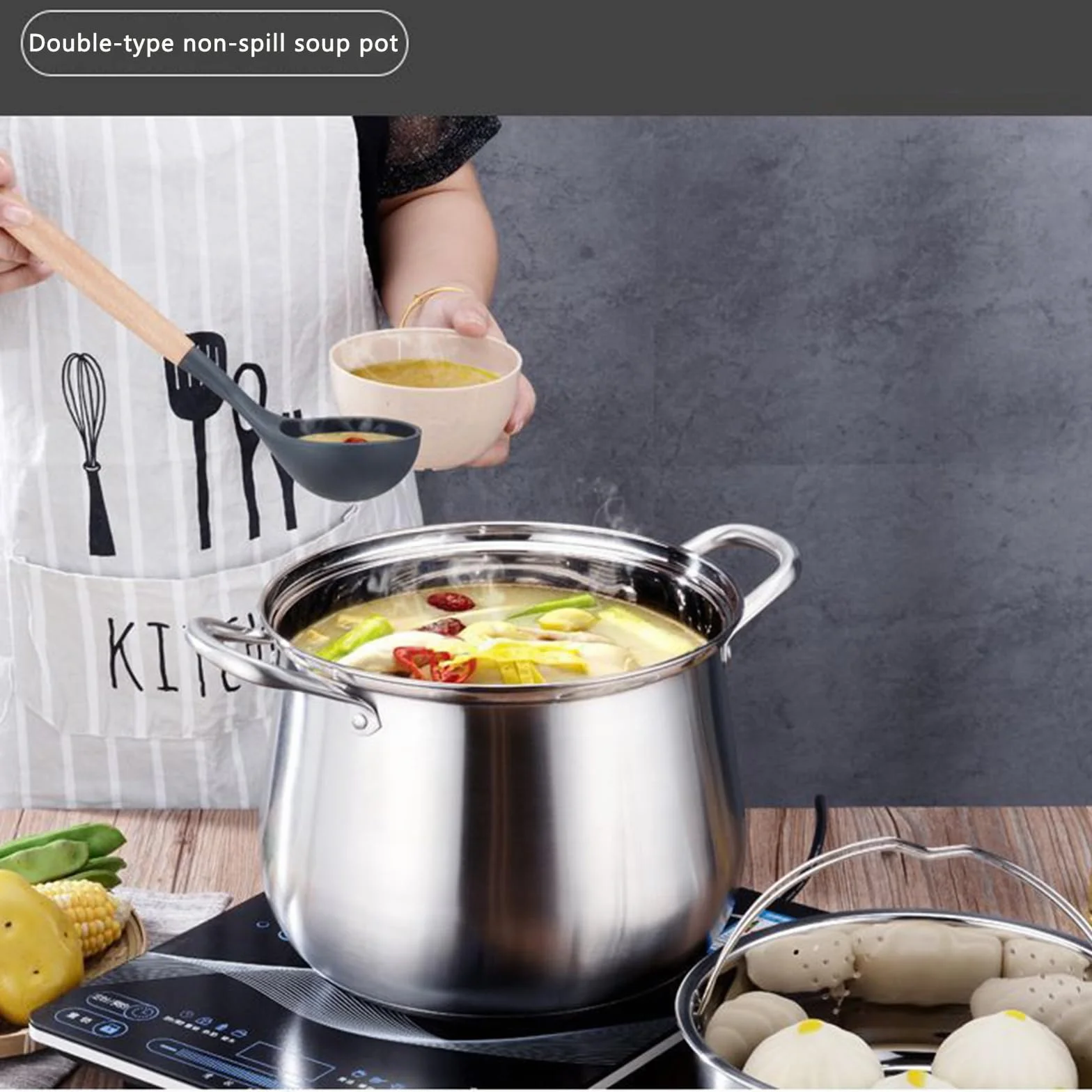 Duży głęboki garnek do gotowania kur ze stali nierdzewnej, garnek do zupy – 26 cm, C