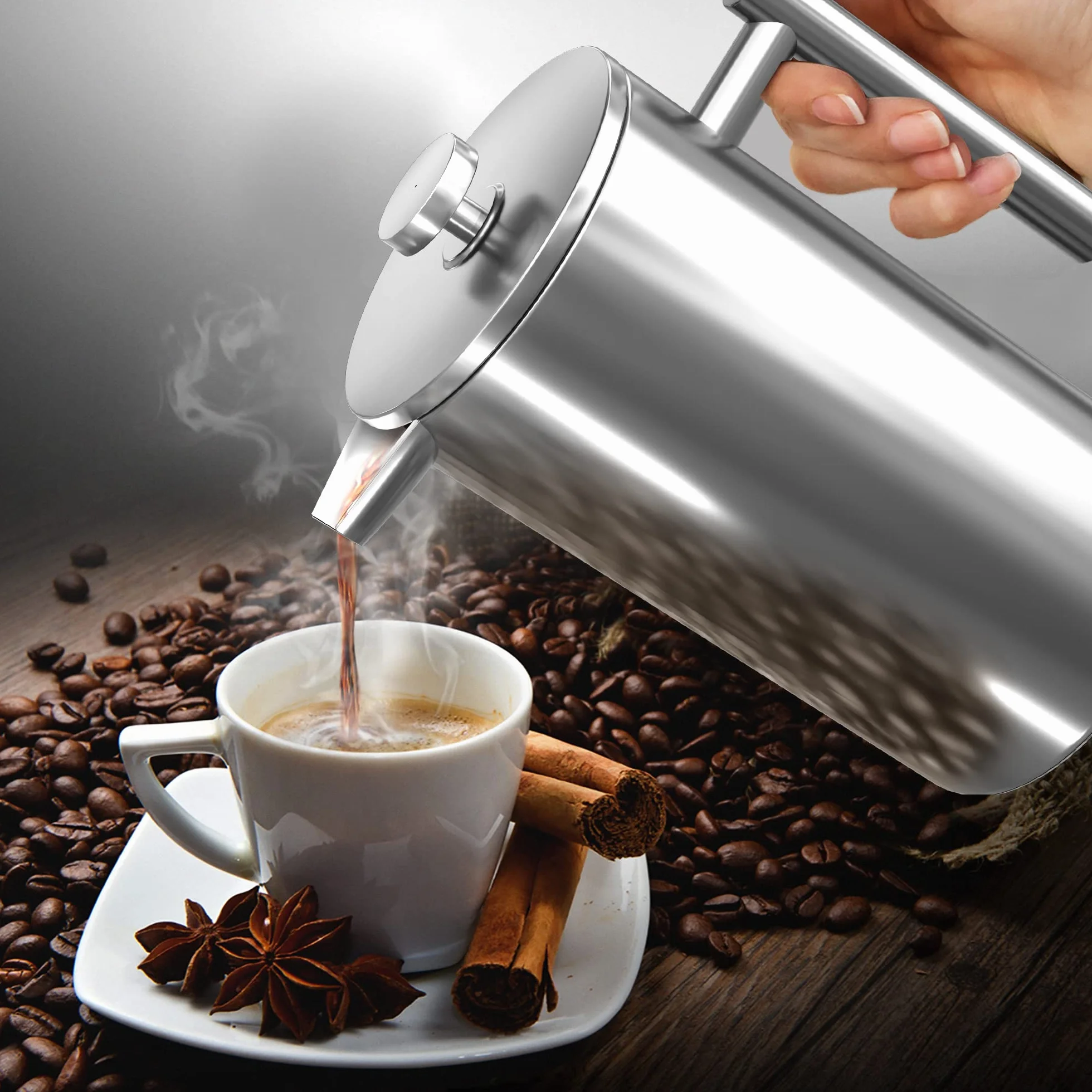 Kichly Prasę Francuską Zaparzacz do Kawy - Ekspres do Kawy 600ml (20oz) Dwuwarstwowe 100% Stal Nierdzewna - Herbata lub Cafetiere Czajnik - Przenośny Cafetière dla domu i kempingu (Srebrny)