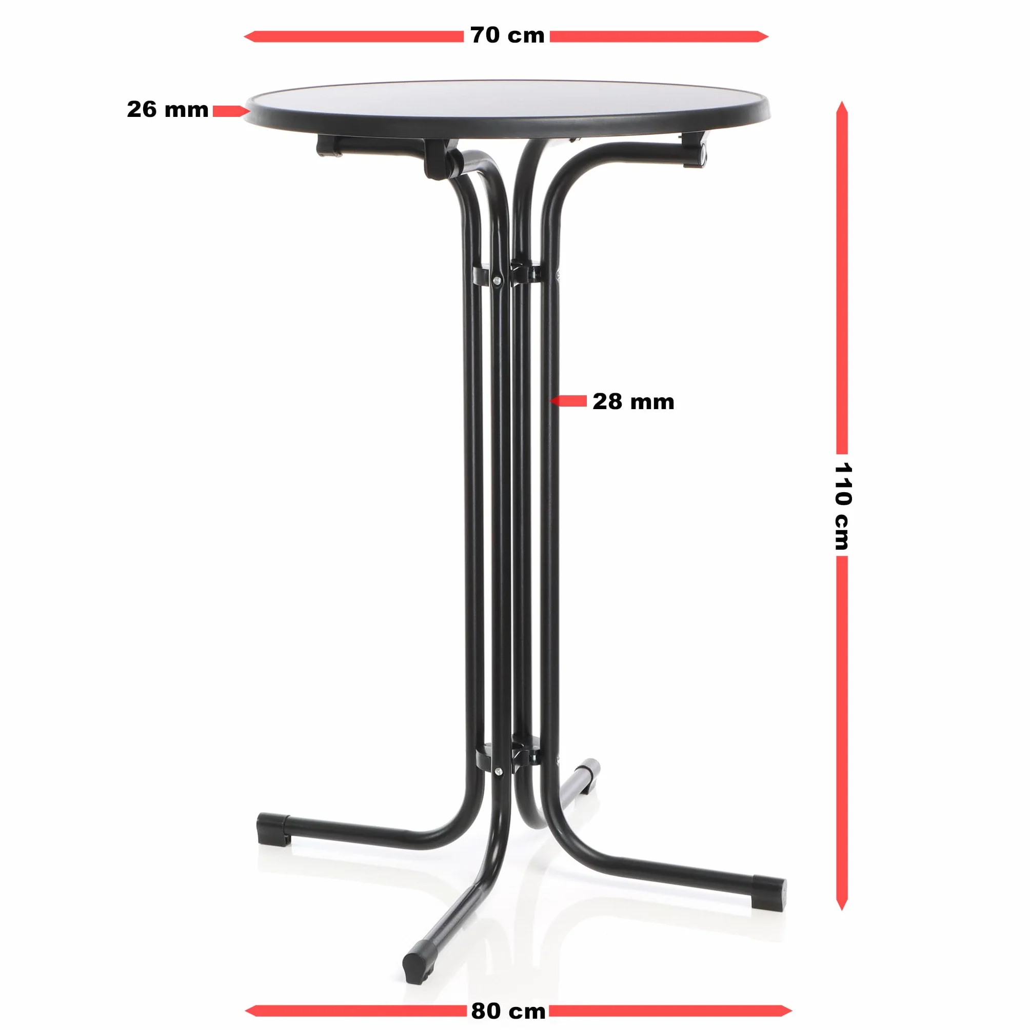 Stolik koktajlowy z blatem okrągłym ø70 cm, kolor czarny, składany stół barowy o wysokości 110 cm, stalowe nogi rozkładane