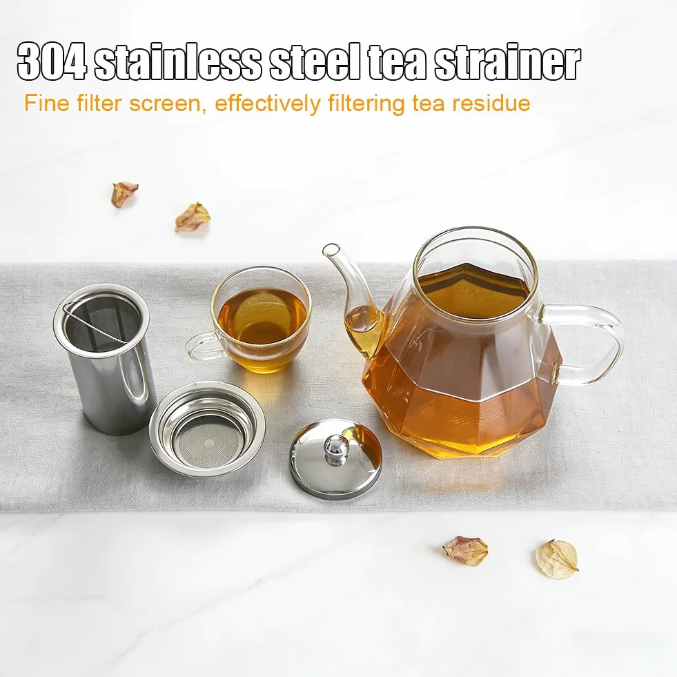 RANJIMA Dzbanek do herbaty z sitkiem, szklany dzbanek o pojemności 1,0 l, odporny na wysokie temperatury, szklany dzbanek z pokrywką, Premium Teapot z sitkiem ze stali nierdzewnej, idealny do