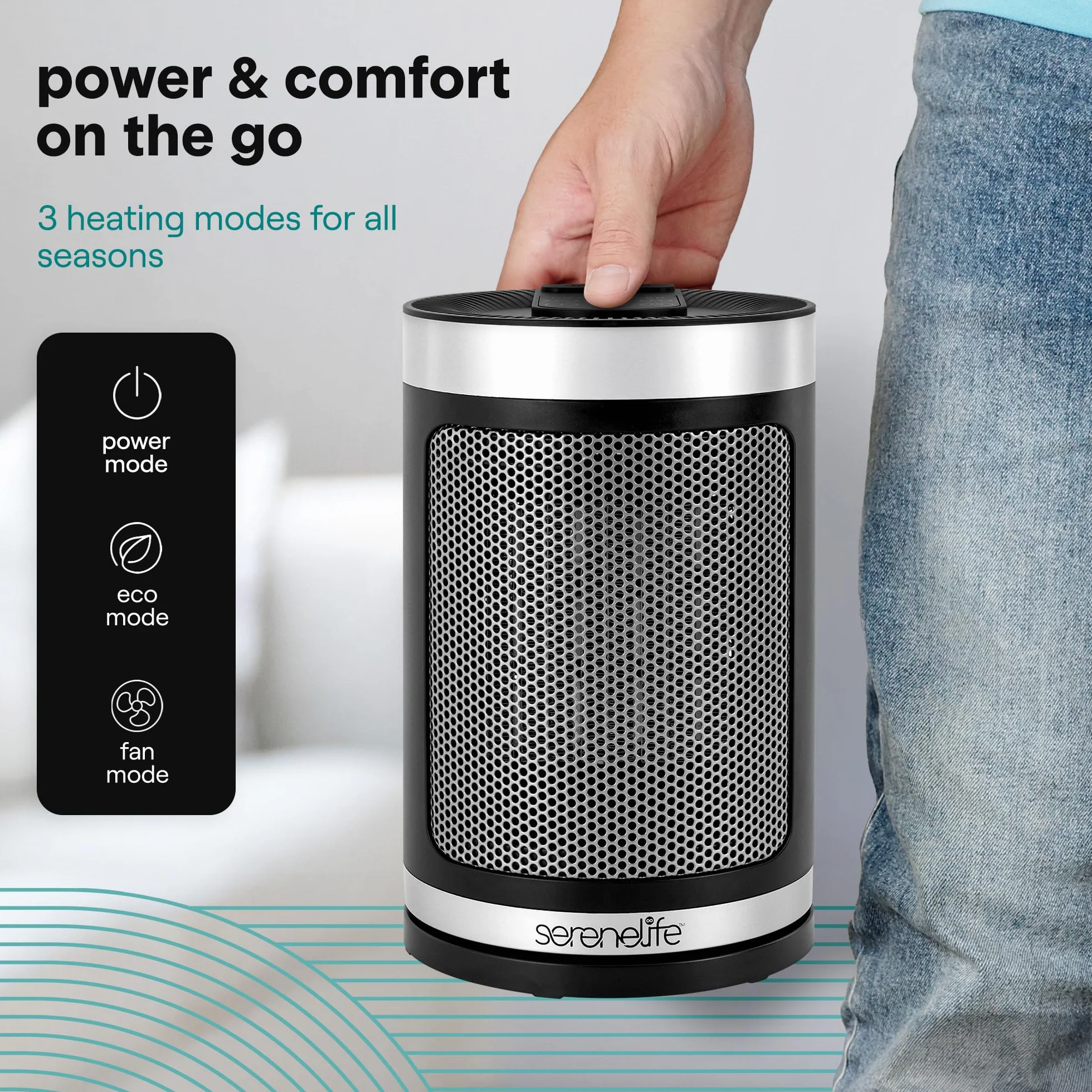 SereneLife Inteligentny Grzejnik Przenośny, 1500W Elektryczny Grzejnik do Użytku Wewnętrznego z Termostatem, Aplikacja Wi-Fi, Pilotem, Timerem 12-godzinnym i Bezpieczeństwem Przewrócenia