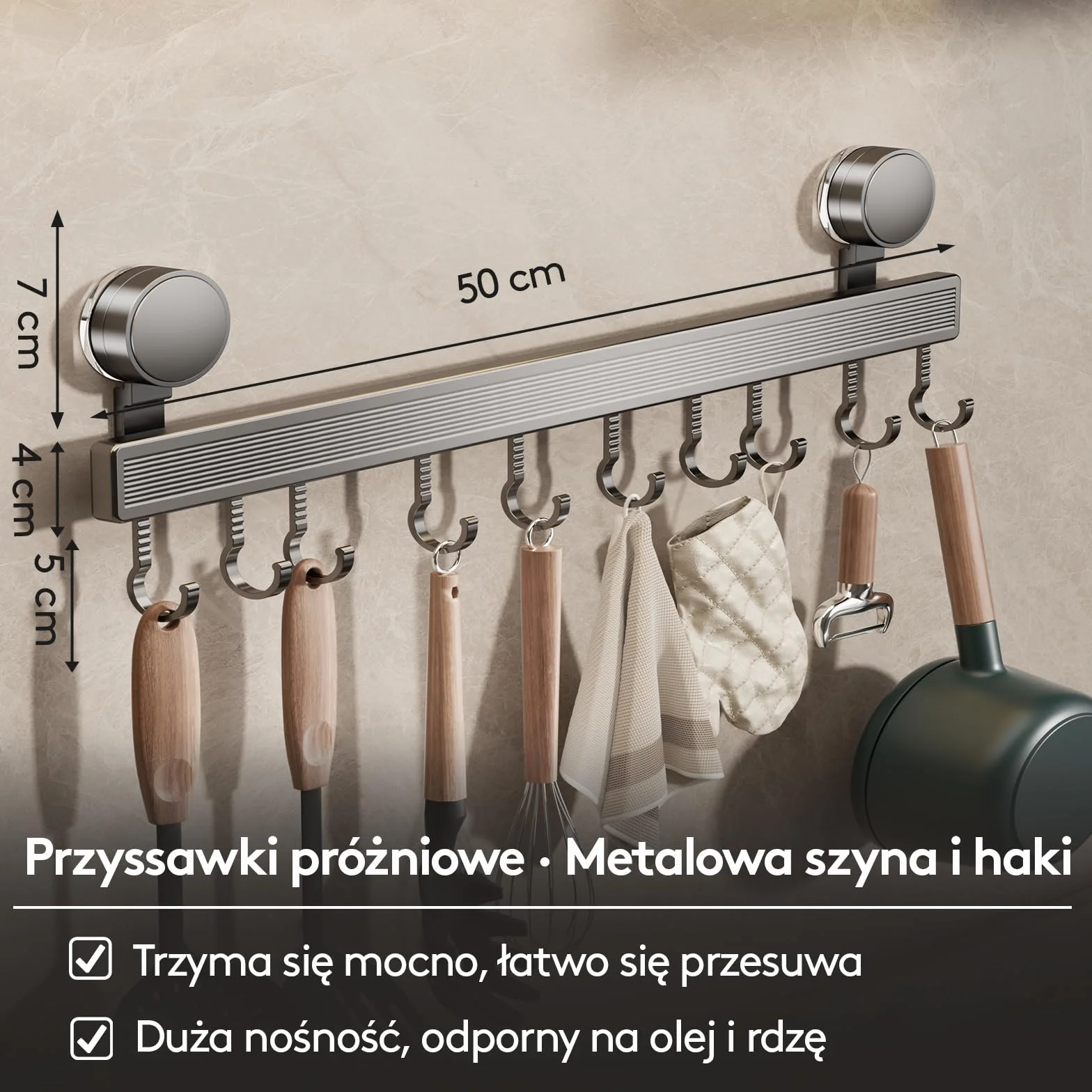 Listwa hakowa do kuchni bez wiercenia z przyssawką | 10 haków, długość 50 cm, nośność 20 kg, montaż w 1 minutę | Demontowalna nierdzewna listwa hakowa do przyborów kuchennych