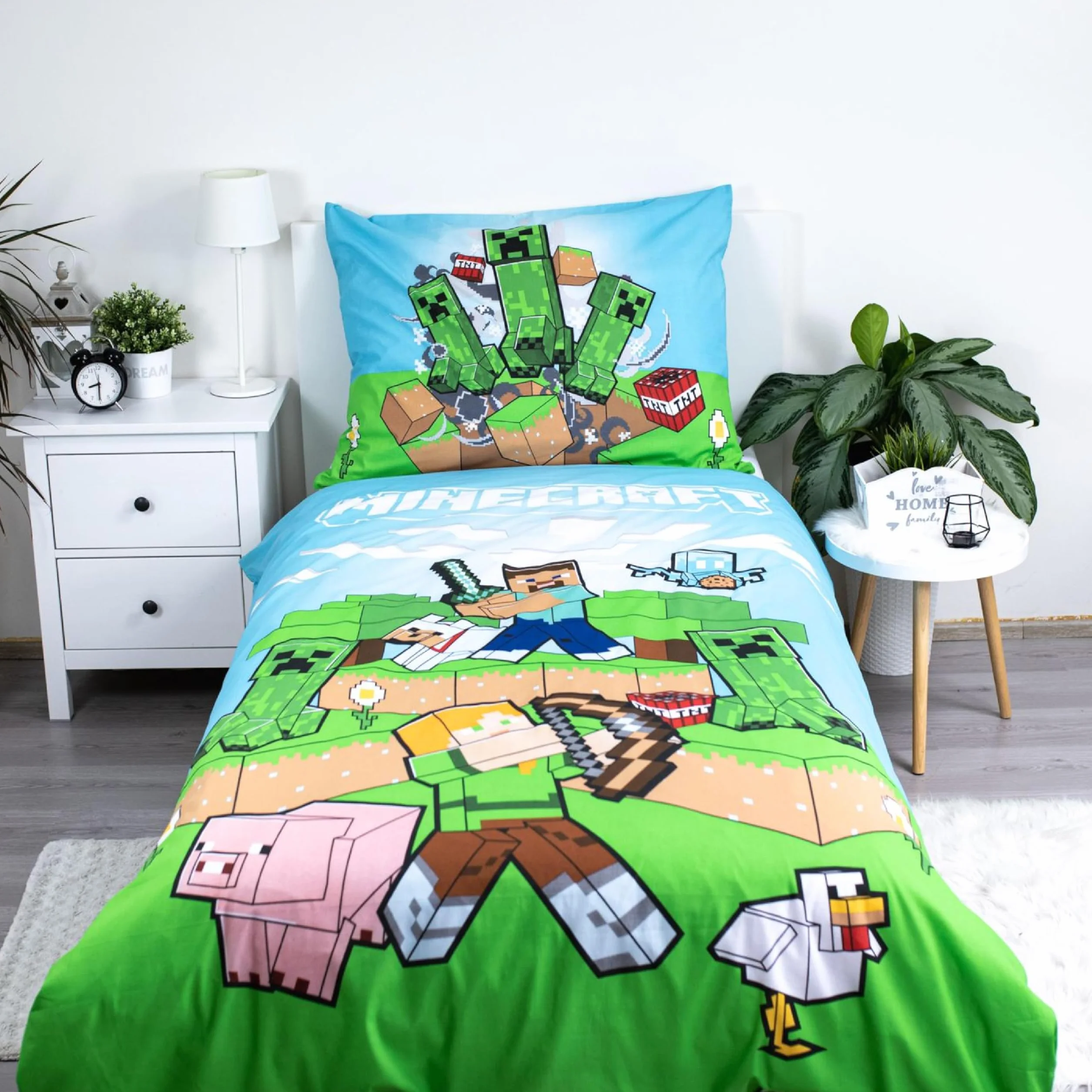 Minecraft Komplet dwustronnej pościeli dziecięcej, poszwa na kołdrę 140 x 200 cm, poszewka na poduszkę 70 x 90 cm, z zamkiem błyskawicznym, 100% bawełny, Öko-Tex Standard 100, dla chłopców i