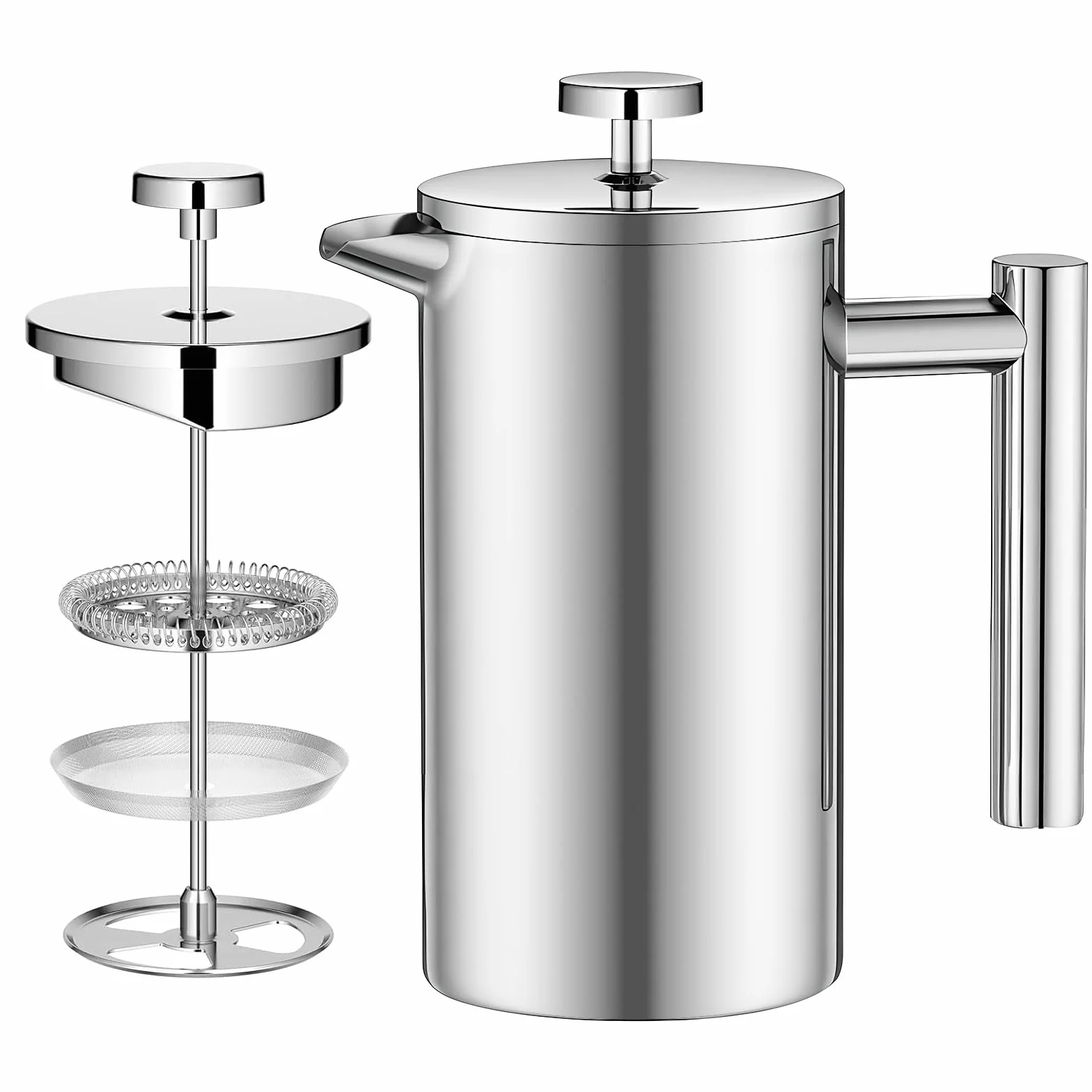 Zaparzacz do kawy 1000 ml, French Press, stal nierdzewna, prasa do kawy 8 filiżanek z systemem 3 filtrów ze stali nierdzewnej, izolowany dzbanek do kawy z podwójnymi ściankami i zaparzacz do