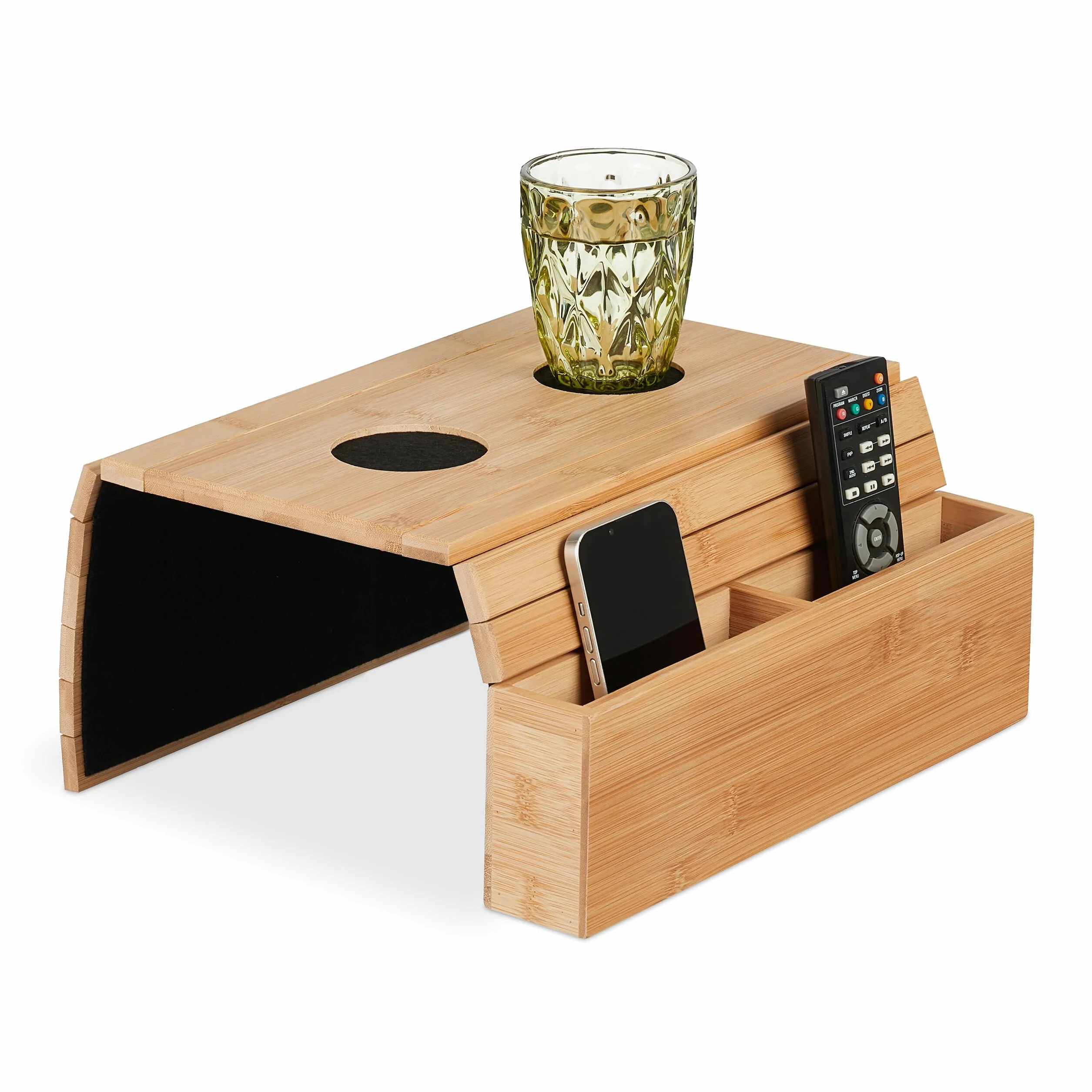 Relaxdays Taca na sofę z podłokietnikami, bambusowa, wys. x gł.: 5,5 x 50 x 33,5 cm, półka na sofę z podstawkami, 2 przegródki, naturalna/czarna