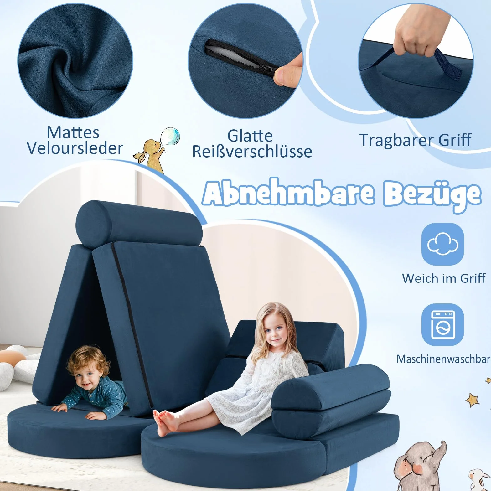 COSTWAY 14-częściowa modułowa sofa dziecięca, do zabawy z pianki, klocków, wspinaczki i raczkowania, rozkładana, do pokoju dziecięcego, pokoju zabaw (granatowa)