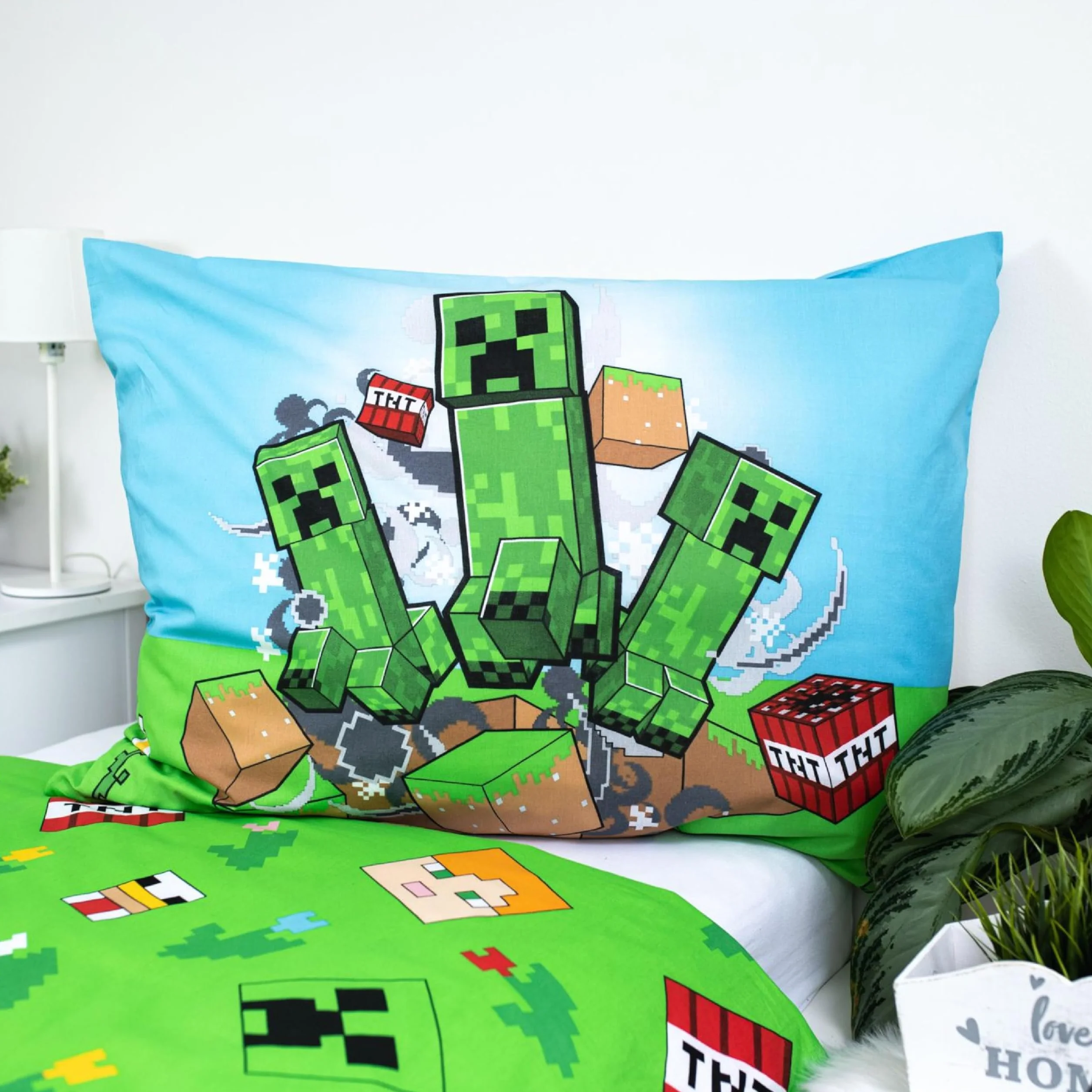 Minecraft Komplet dwustronnej pościeli dziecięcej, poszwa na kołdrę 140 x 200 cm, poszewka na poduszkę 70 x 90 cm, z zamkiem błyskawicznym, 100% bawełny, Öko-Tex Standard 100, dla chłopców i