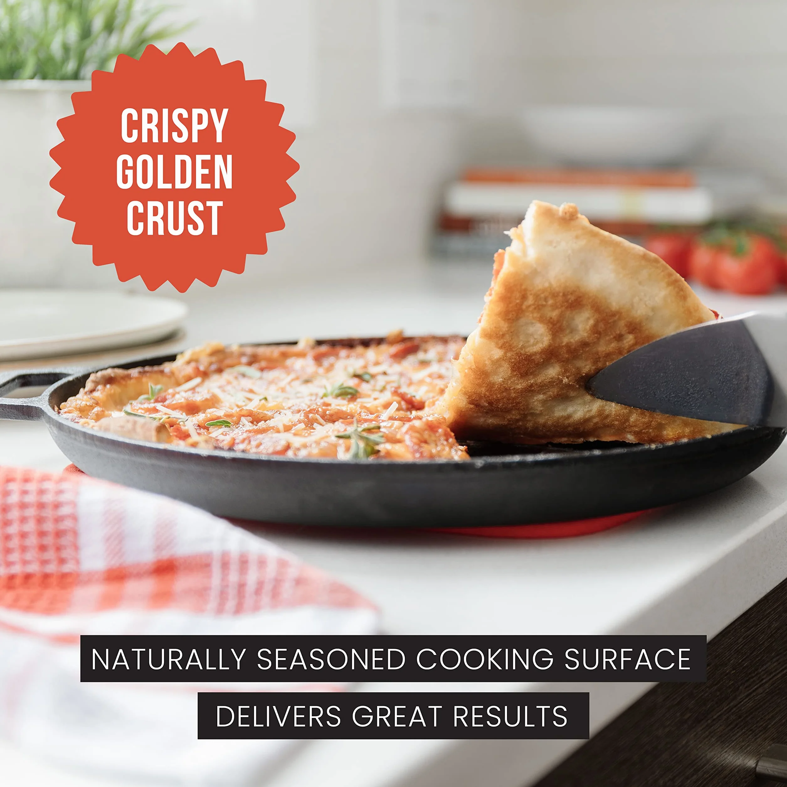 Chef Pomodoro Żeliwna patelnia do pizzy, wstępnie sezonowana patelnia z uchwytami, blacha do pieczenia, okrągła patelnia do Dosa Tawa Roti, Comal do tortilli (30.5 cm)