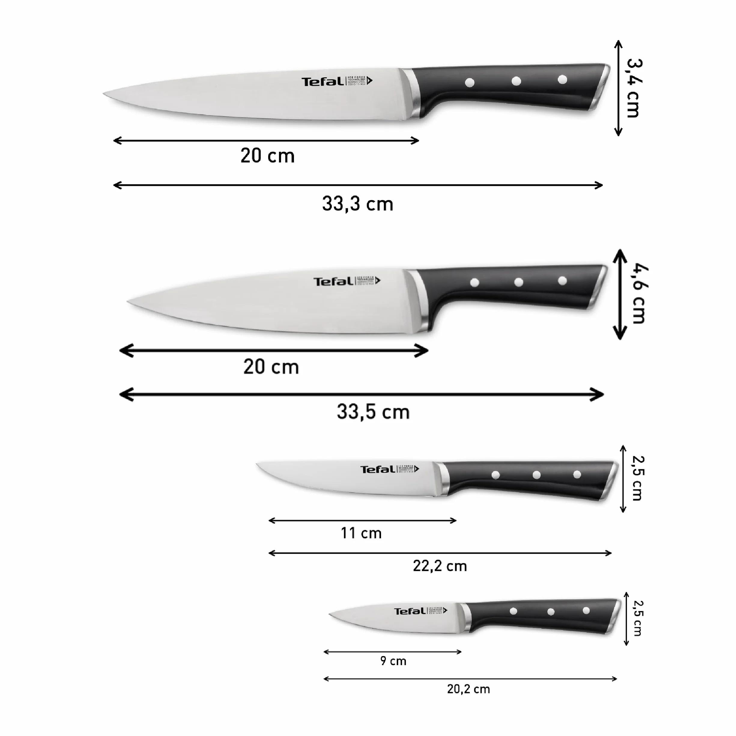 Tefal Ice Force Zestaw Noży, Stal Stopowa, Czarny/Srebrny, 4 Sztuki