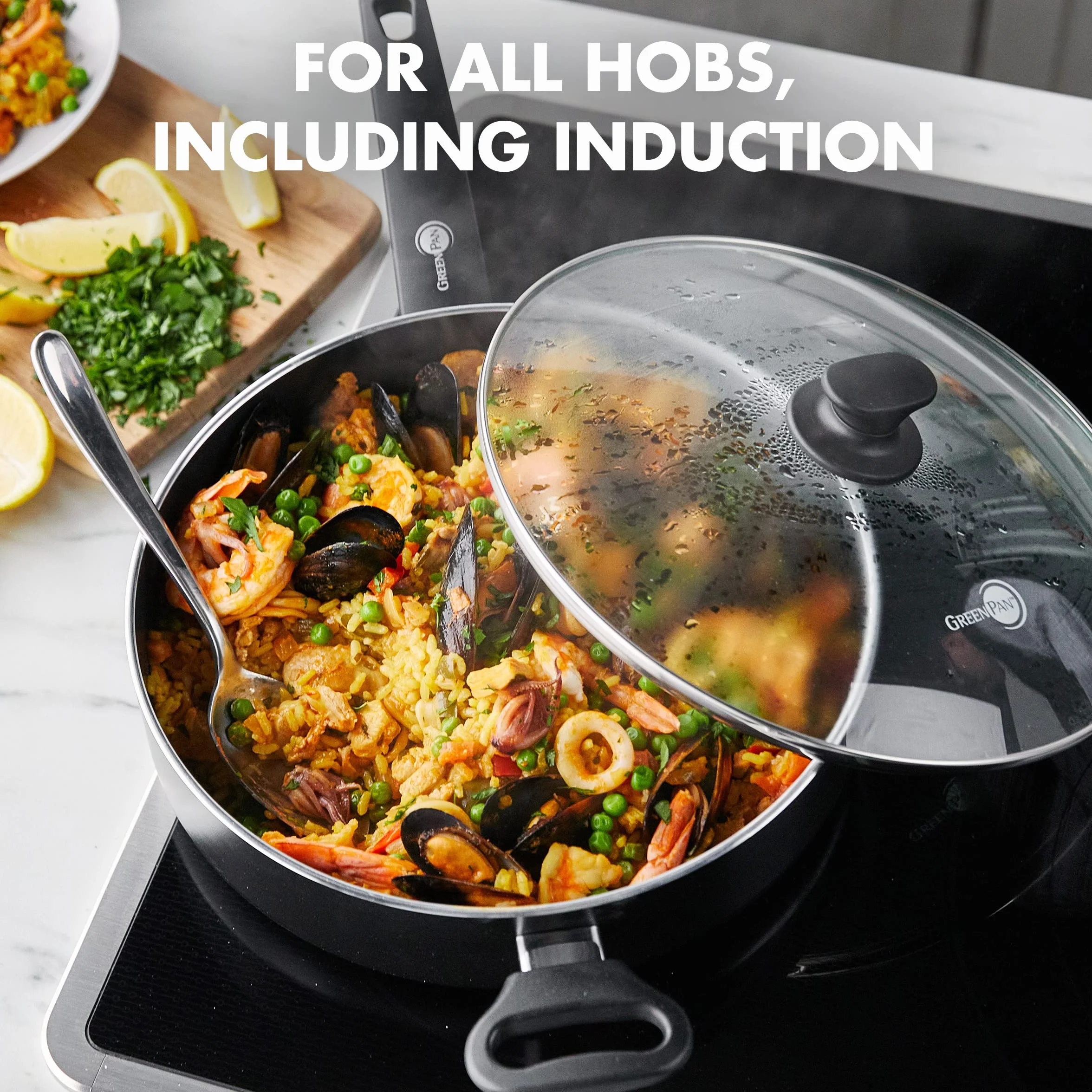GreenPan Saute Pan with 2 Side Handles & Lid, Non Stick, Toxin Free Ceramic Skillet - Induction, Oven & Dishwasher Safe Cookware - 24 cm/3.1 Litre, Black
