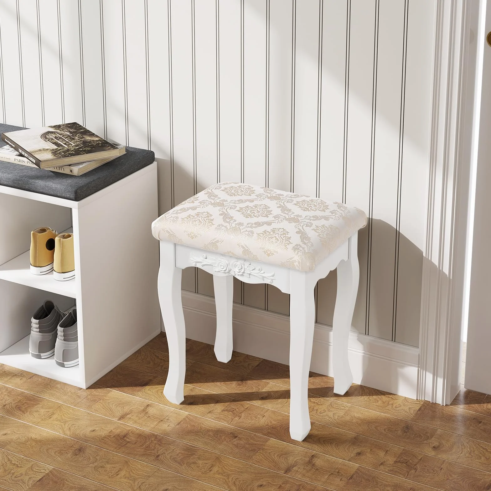 WOLTU MB6011 Taboret do Makijażu w Stylu Wiejskim, Barokowy, Tapicerowany do Toaletki, Drewno MDF, Lakierowane na Biało