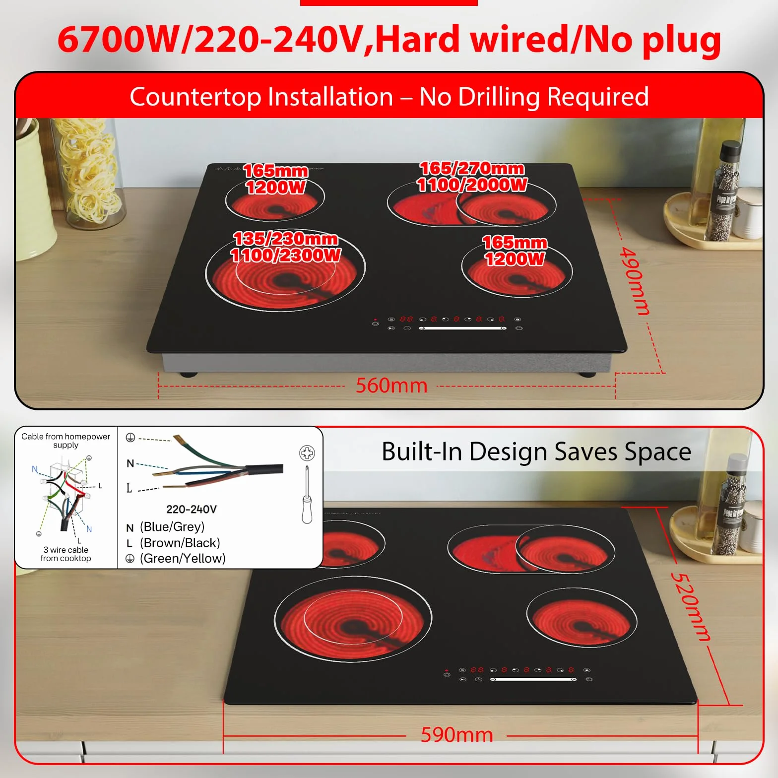 Płyta witroceramiczna 60 cm z 4 paleniskami, 6700W, suwak dotykowy, dwustrefowe paleniska i strefa, do zabudowy