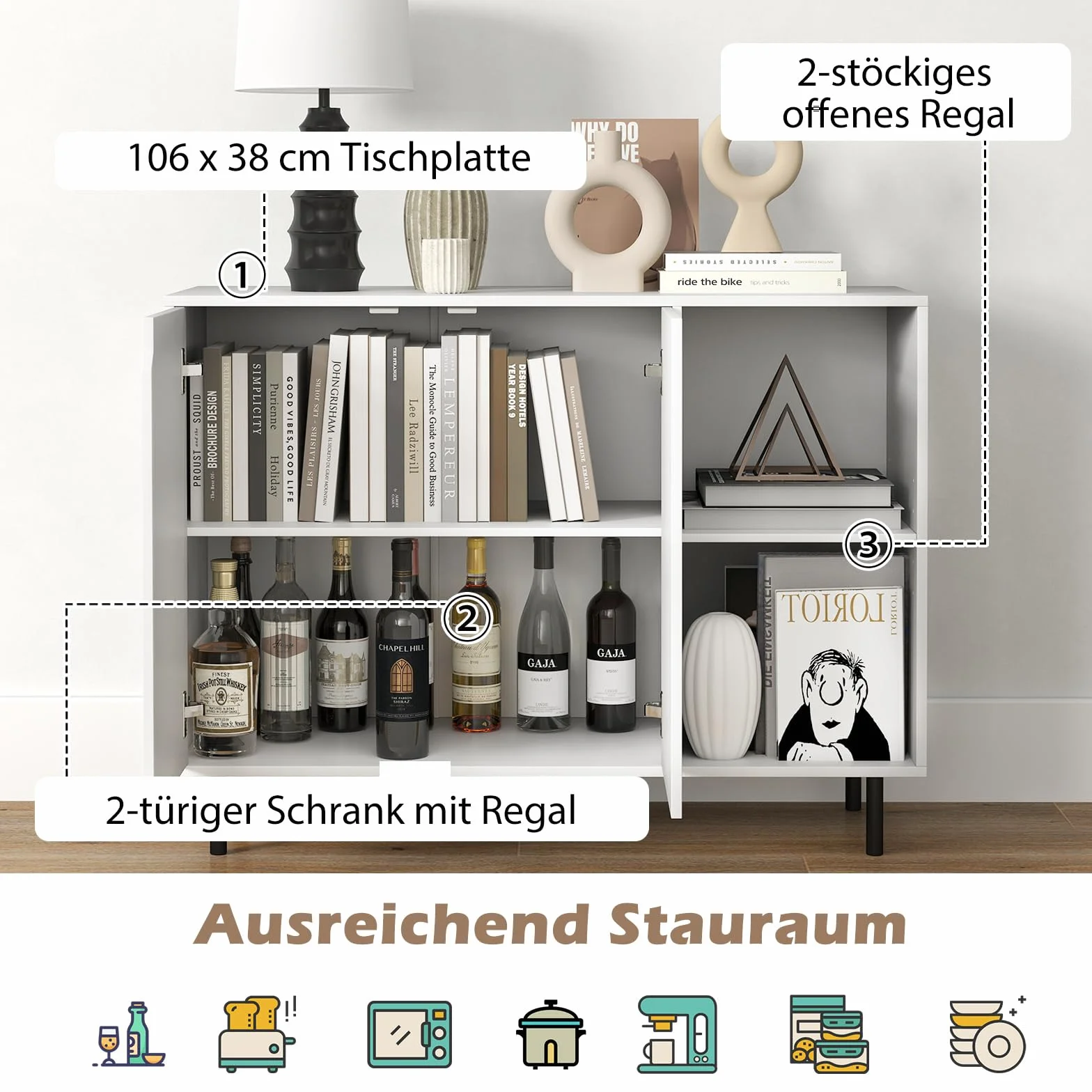 COSTWAY Drewniana komoda z 4 półkami i 2 drzwiami, szafka bufetowa, szafka kuchenna, regulowane półki, nowoczesna szafka, 106 x 38 x 80 cm (biała)