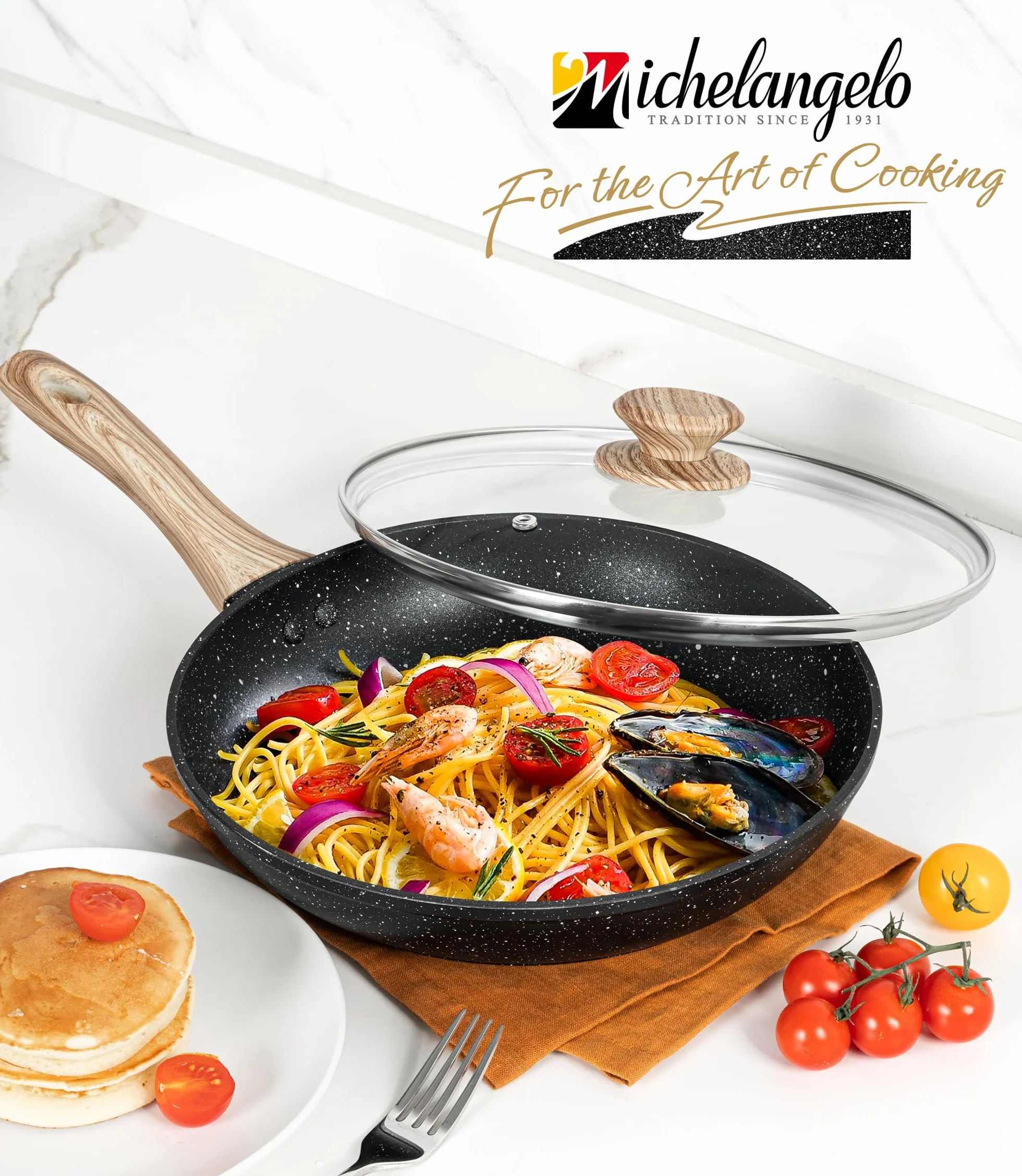 MICHELANGELO Patelnia 26 cm z pokrywką, nieprzywierająca patelnia z uchwytem bakelitowym, patelnie do płyty indukcyjnej z powłoką nieprzywierającą z kamienia w 100% bez APEO