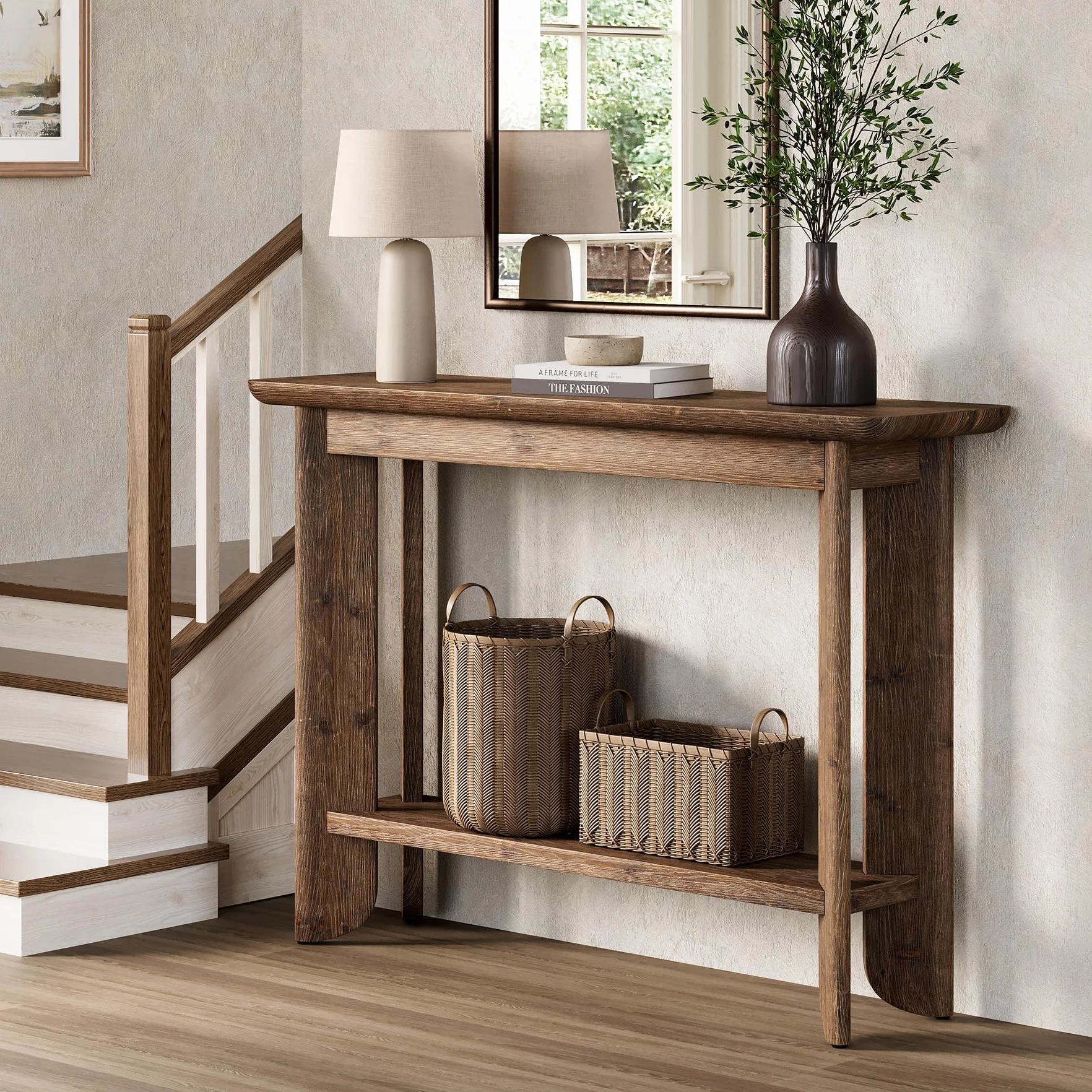 Stół konsolowy z litego drewna 105 cm, 2 w 1, stół do przedpokoju i sofy, stół z prawdziwego drewna orzechowego z półką, wąska konstrukcja do przedpokoju i salonu, łatwy montaż 30 minut