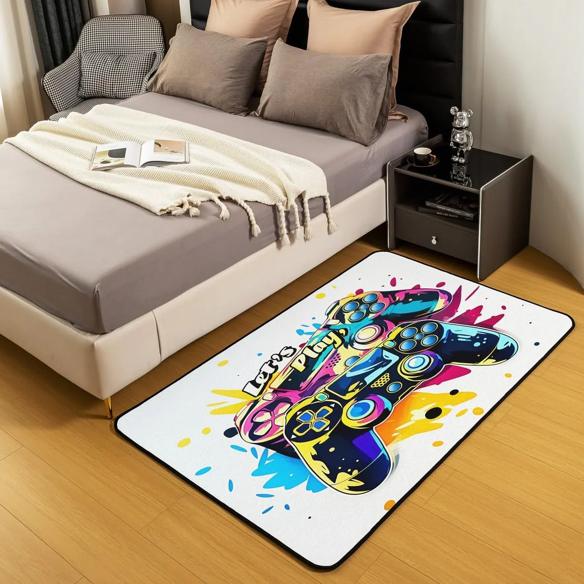 Loussiesd Dywan do salonu dla graczy, 100 x 150 cm, gamingowy dywan akcentujący dla chłopców, dziewcząt, nastolatków, nowoczesny kontroler konsoli do gier, mata podłogowa, joystick, surowa biel,