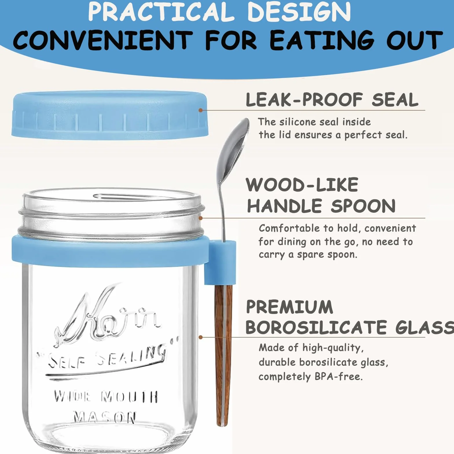 4 Sztuki Overnight Oats Słoiki z Pokrywką i Łyżeczkami, 480 ml Słoik Śniadaniowy na Owsiankę Słoiki do Przygotowywania Posiłków na Chutney, Pudding, Jogurt, Owoce, Przyprawy, Fasola