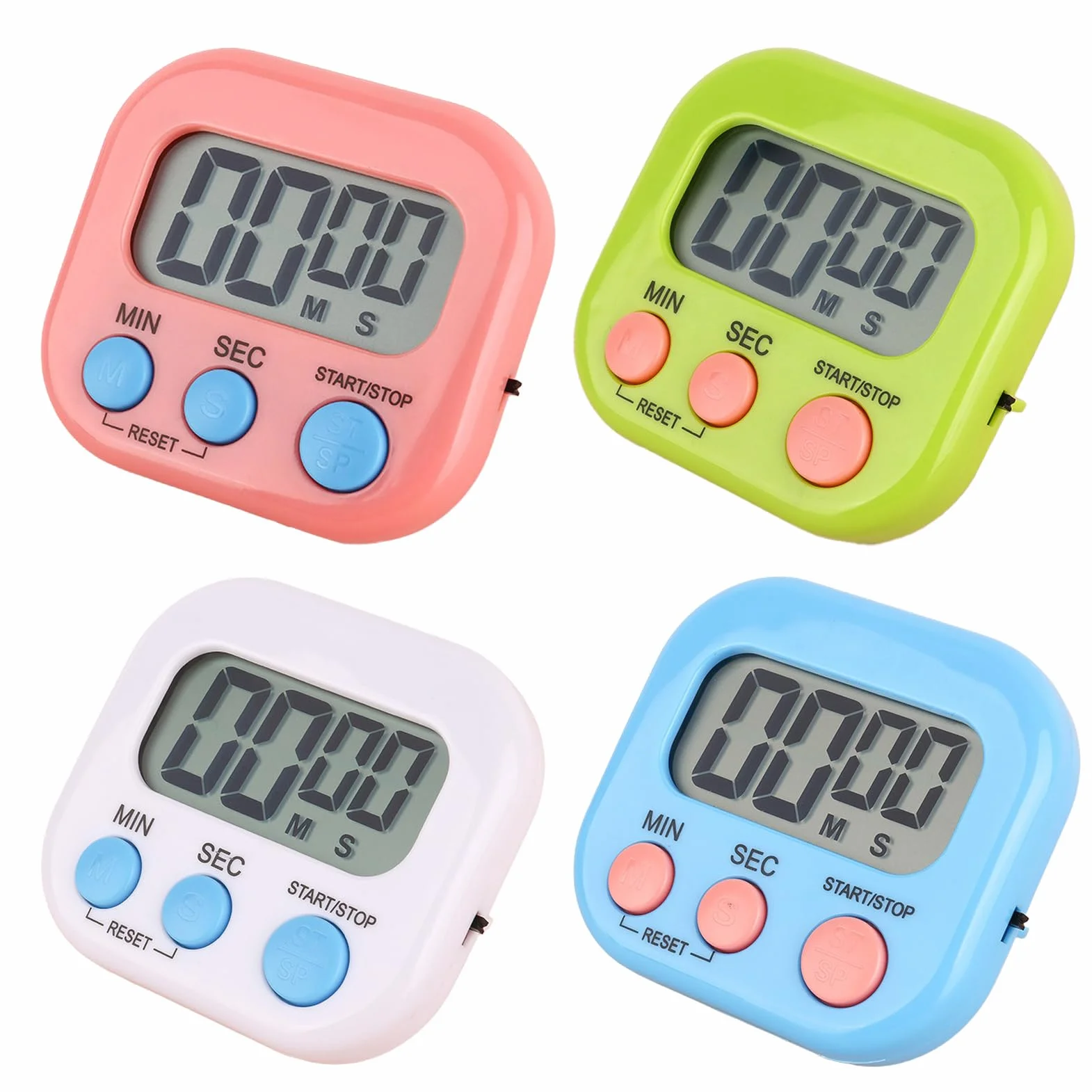 Zestaw 4 cyfrowych timerów kuchennych, magnetyczny budzik z wyświetlaczem LCD, duże cyfry do gotowania i pieczenia, zegar do jajek z podstawką (biały, niebieski, różowy, zielony)