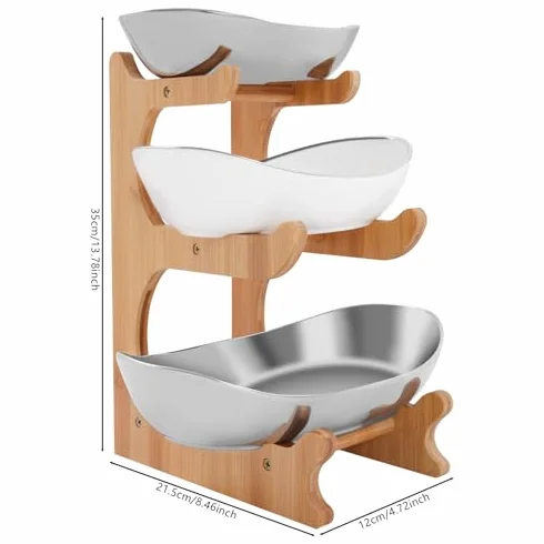 3-poziomowy bambusowy zestaw misek na owoce, dekoracyjny ceramiczny uchwyt na przekąski na blat kuchenny, wielofunkcyjny wyświetlacz na orzechy, ciastka, desery i owoce