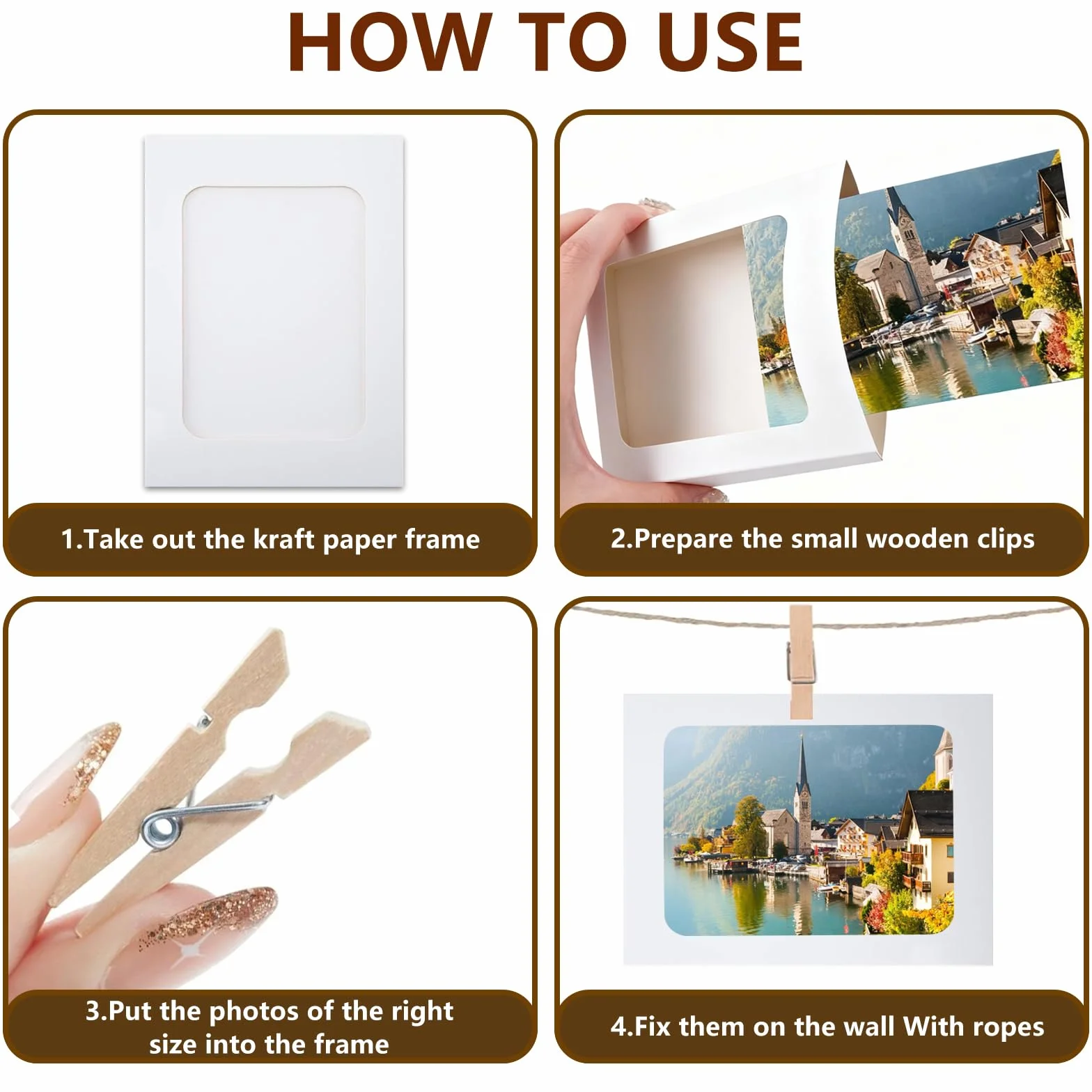 40 sztuk papierowych ramek na zdjęcia, 10 x 15 cm ramki na zdjęcia z kartonu, girlanda fotograficzna z 40 drewnianymi klamerkami i 4 sznurkami konopnymi, linka do zdjęć z klamerkami do