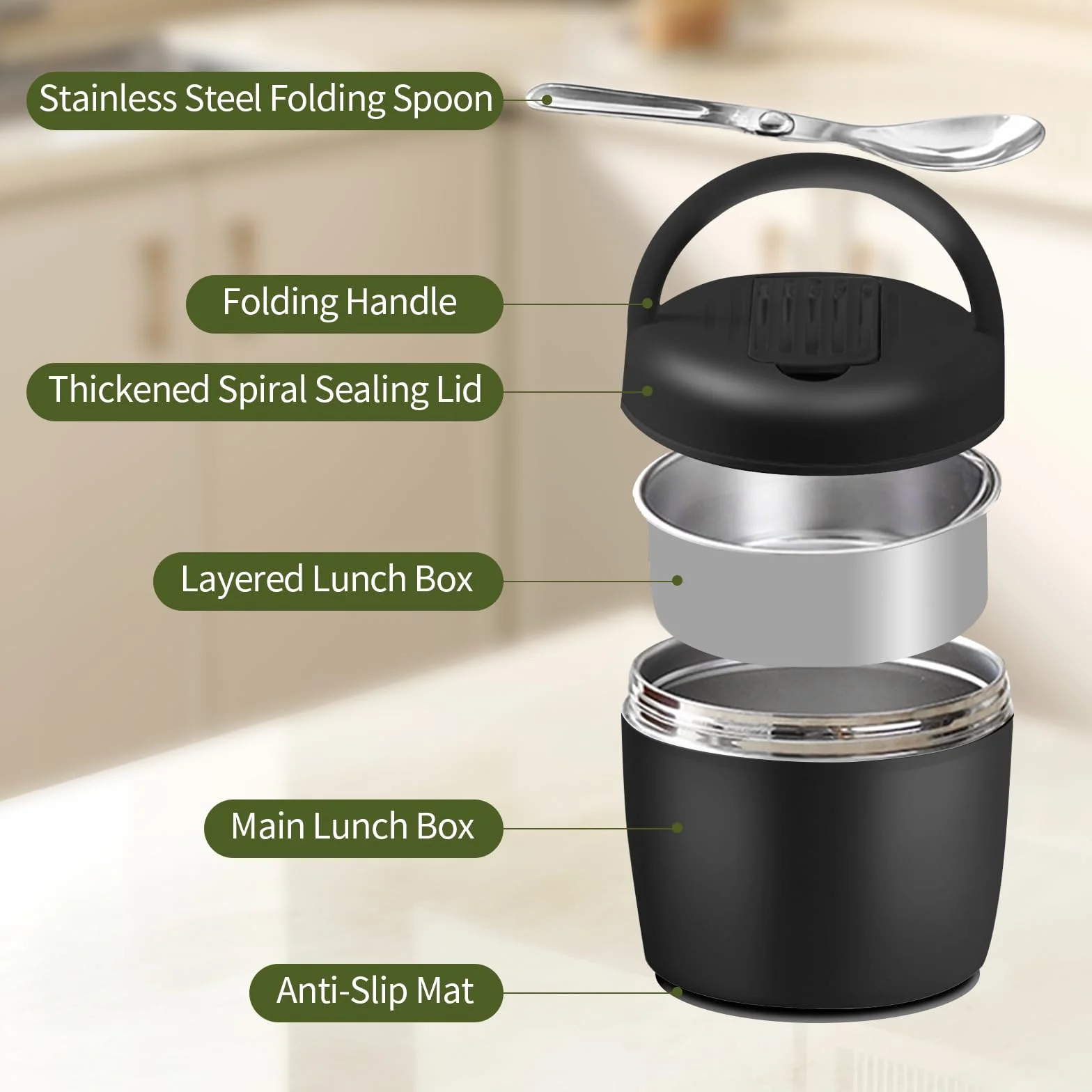 Pojemnik Termiczny, Szczelny Termos na Zupy, Lunchbox dla Dzieci i Dorosłych, na Żywność 1200 ml, Stal Nierdzewna, Miski Termiczne z Pokrywką i Składaną Łyżeczką (Czarny)