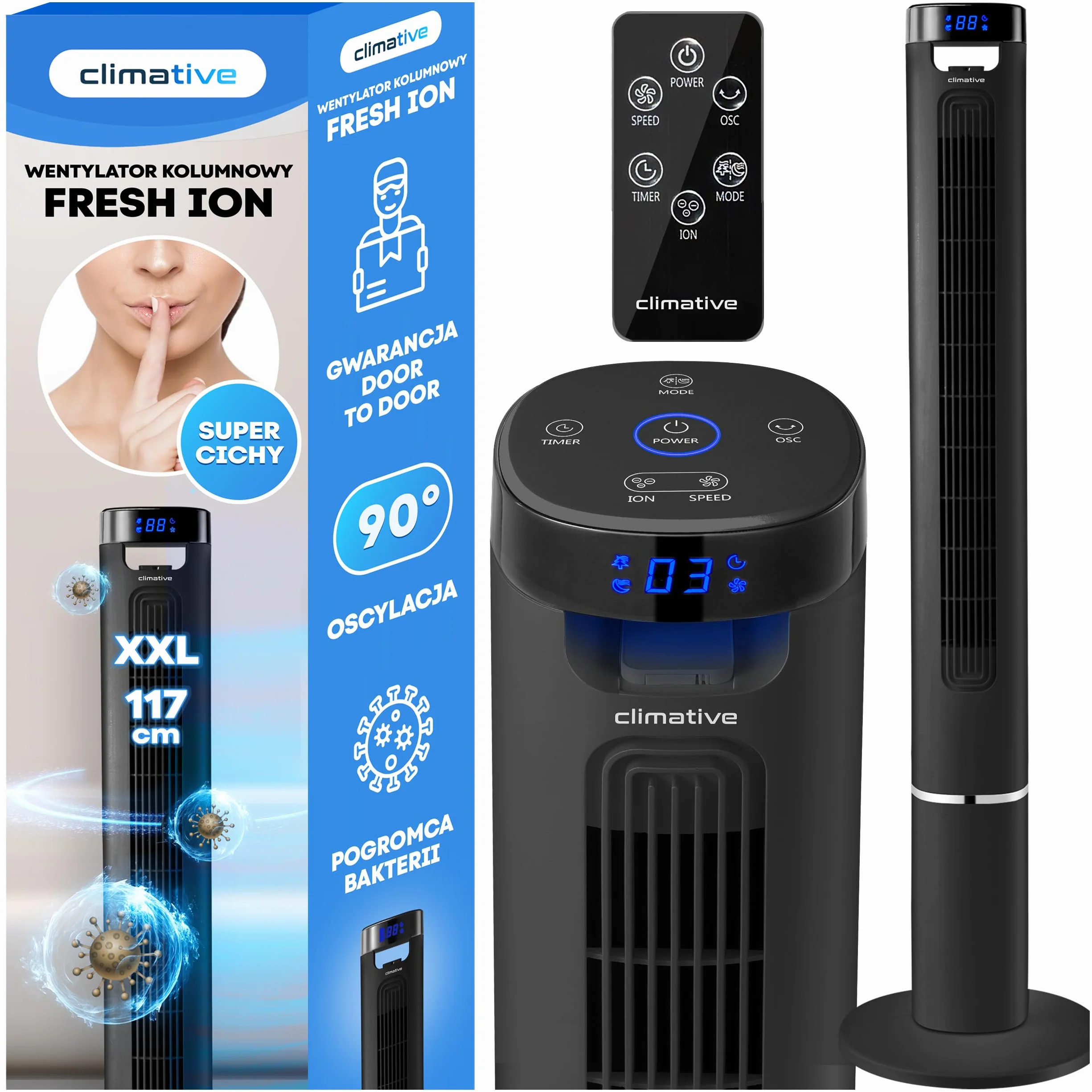 Wentylator kolumnowy XXL FRESH czarny, Jonizator, Wyświetlacz LED, Kąt oscylacji 90°, 3 poziomy, XXL 117 cm, Wentylator wieżowy, Wentylator stojący, chłodzący