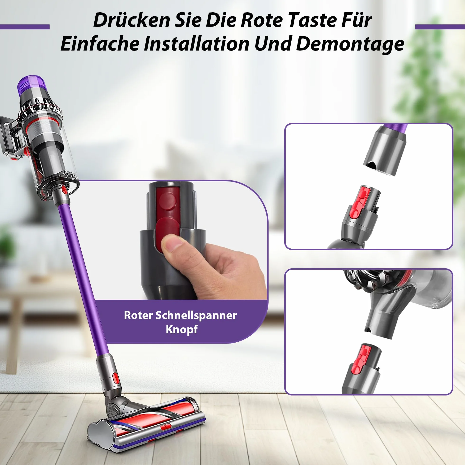 Rura teleskopowa do Dyson, przedłużka kompatybilna z Dyson V7 V8 V10 V11 V15, szybkozłączka ssąca z dwoma szczotkami 2 w 1, fioletowa