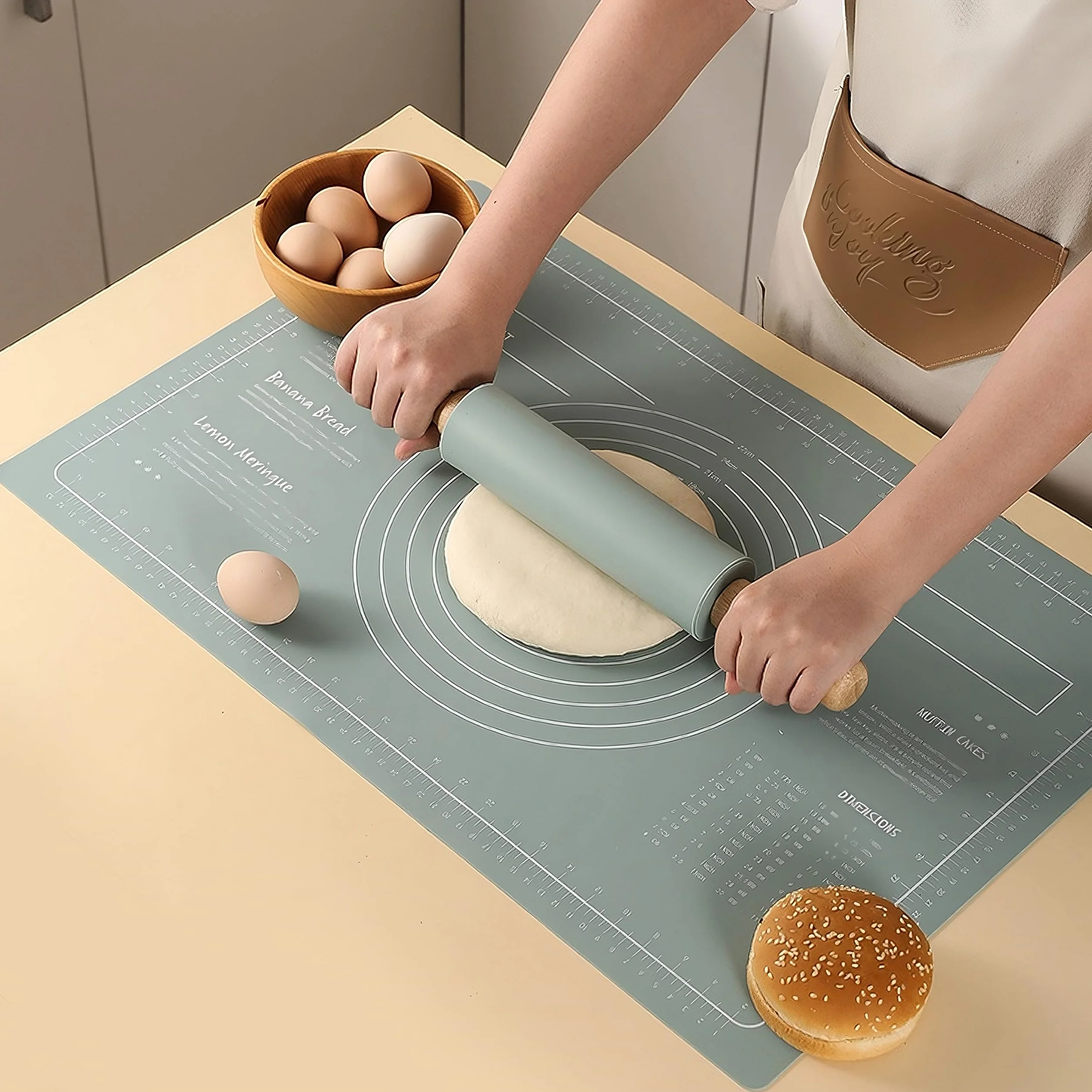 Retoo Wałek do ciasta z silikonu z drewnianymi uchwytami i powierzchnią nieprzywierającą 38 x 5,4 cm, umożliwia łatwe rozwałkowanie ciasta przy niewielkim wysiłku Wałki do ciasta do pieczenia pizzy
