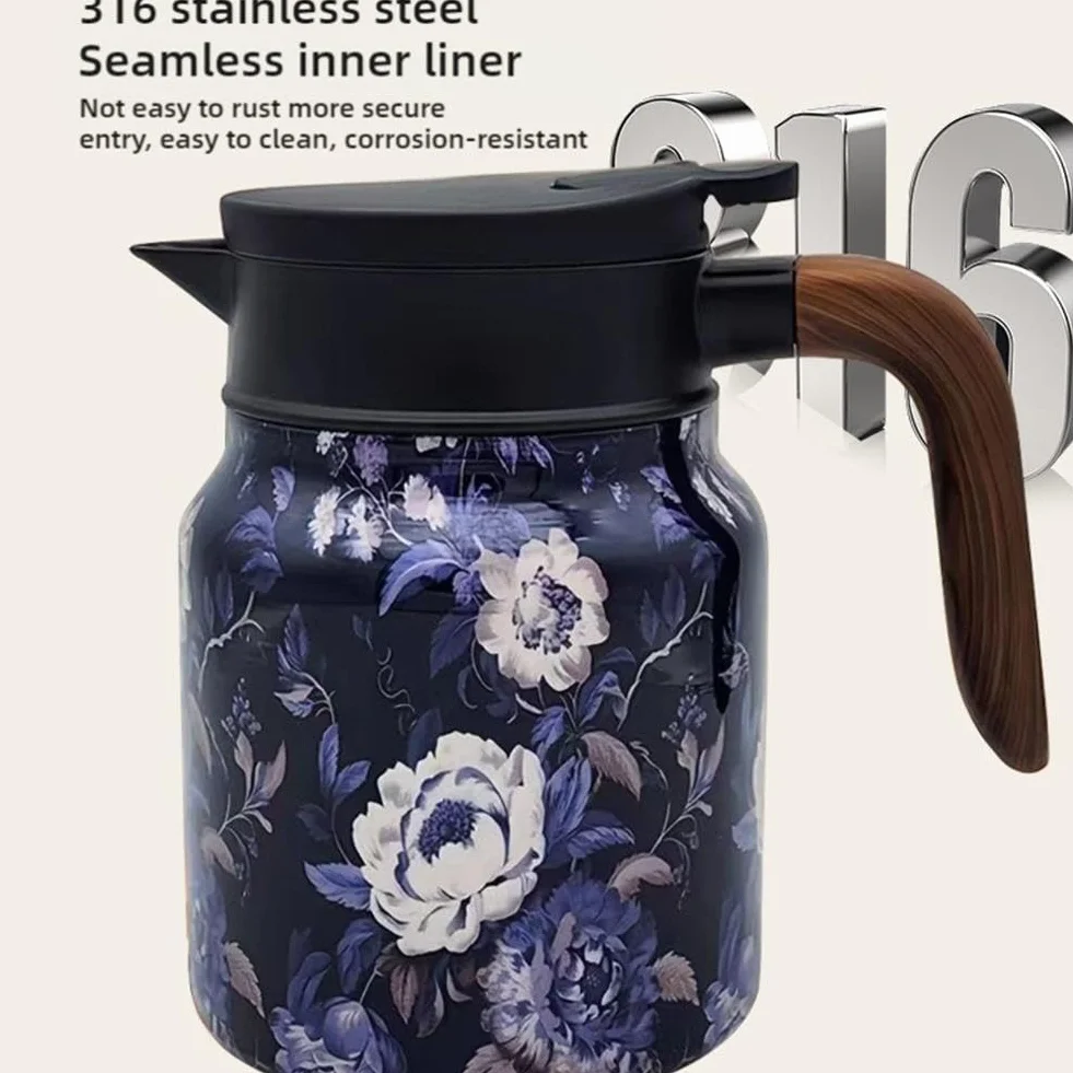 Dzbanek do herbaty w stylu vintage, kwiatowy wzór, 1000 ml, wbudowany zaparzacz do herbaty w stylu vintage, karafka termiczna ze stali nierdzewnej z pokrywką, do gorących napojów, mini dzbanek do kawy
