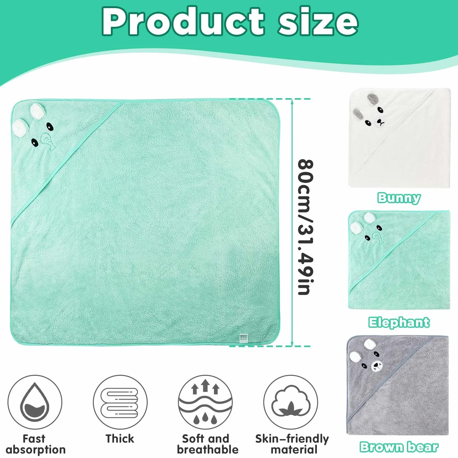 Ręcznik kąpielowy dla niemowląt, 3 sztuki, z uroczymi uszami, miękki i super chłonny, uroczy, do kąpieli niemowląt, unisex, 80 x 80 cm