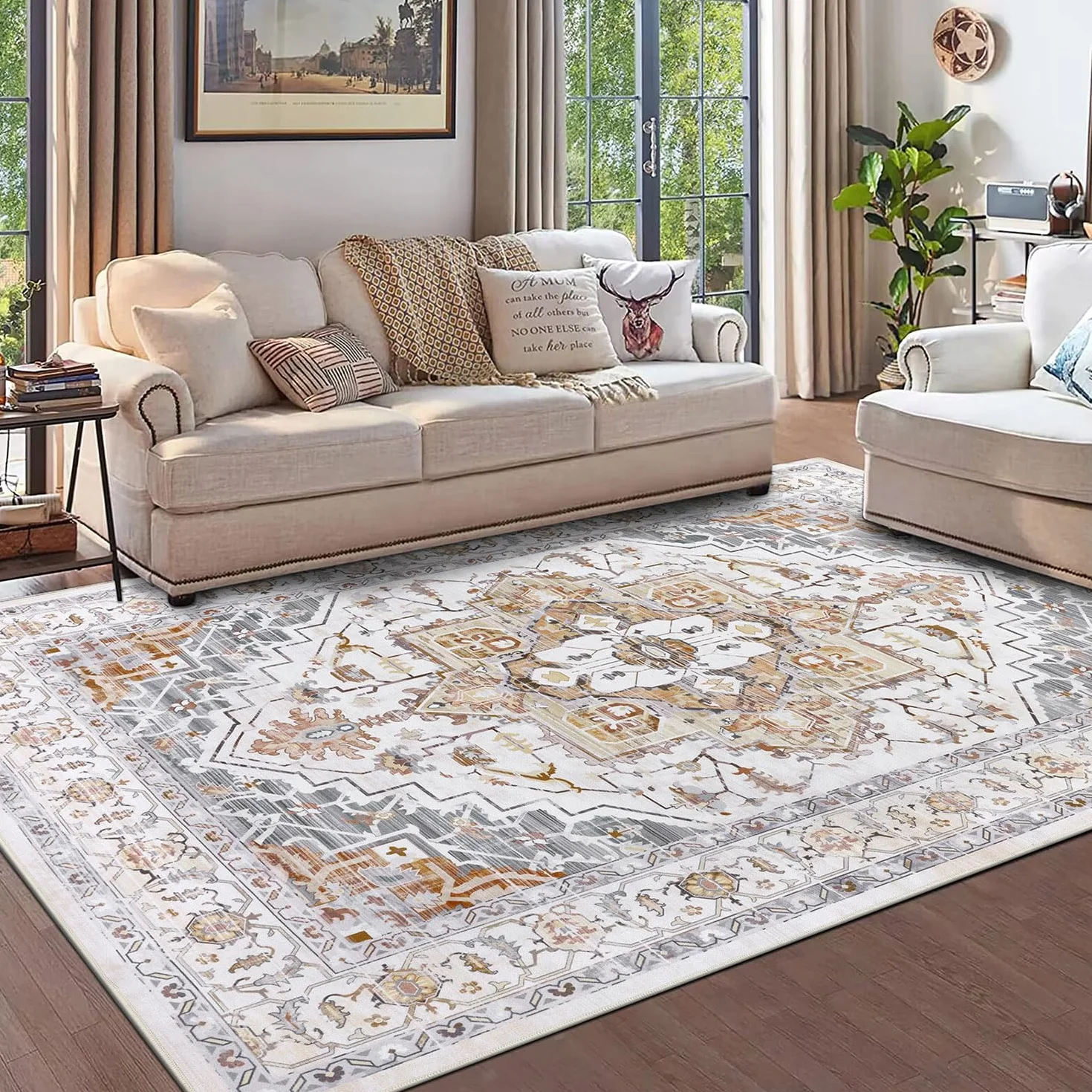 SHACOS Zmywalny Dywan w Stylu Vintage Do Salonu, 160 x 230 cm, Antypoślizgowy, Pomarańczowy, Ultracienki, Lekki, Tradycyjny Nadruk, Boho, Podłogowy Sypialni