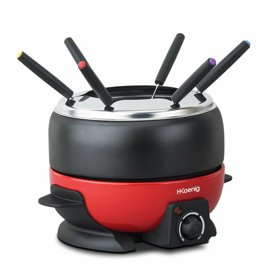 H.Koenig Elektryczne urządzenie do fondue z 6 widelcami, 2 l, stal nierdzewna ALP1800, zestaw do fondue, czekolada, ser, savoyarde, wyjmowana miska, powłoka zapobiegająca przywieraniu, wytrzymała,