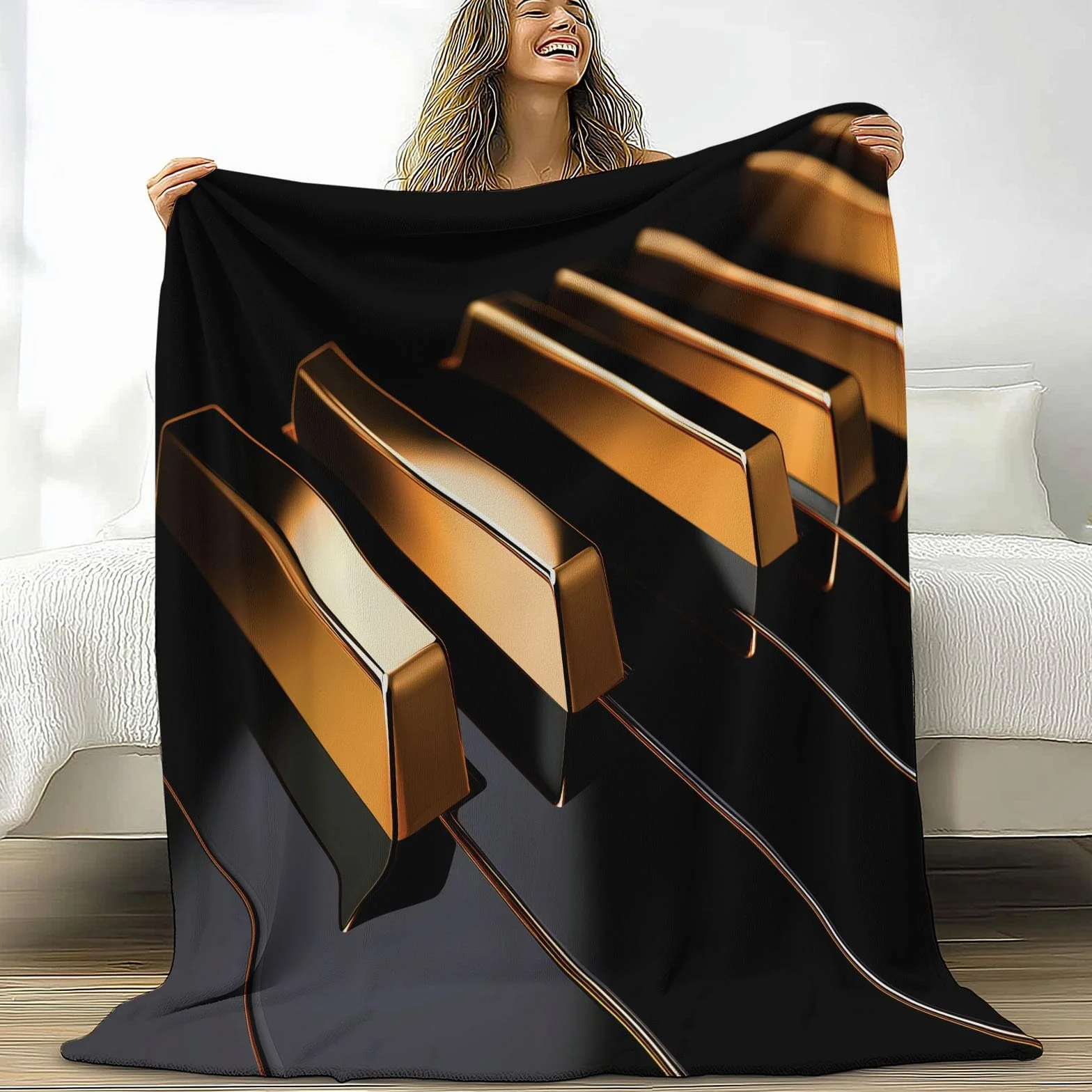 Puszysty czarny koc flanelowy, narzuta na sofę, łóżko, krzesło, miękkie, luksusowe klawisze fortepianowe, pościel, 220 x 240 cm, dekoracyjny, ultramiękki koc na łóżko dla dzieci, nastolatków
