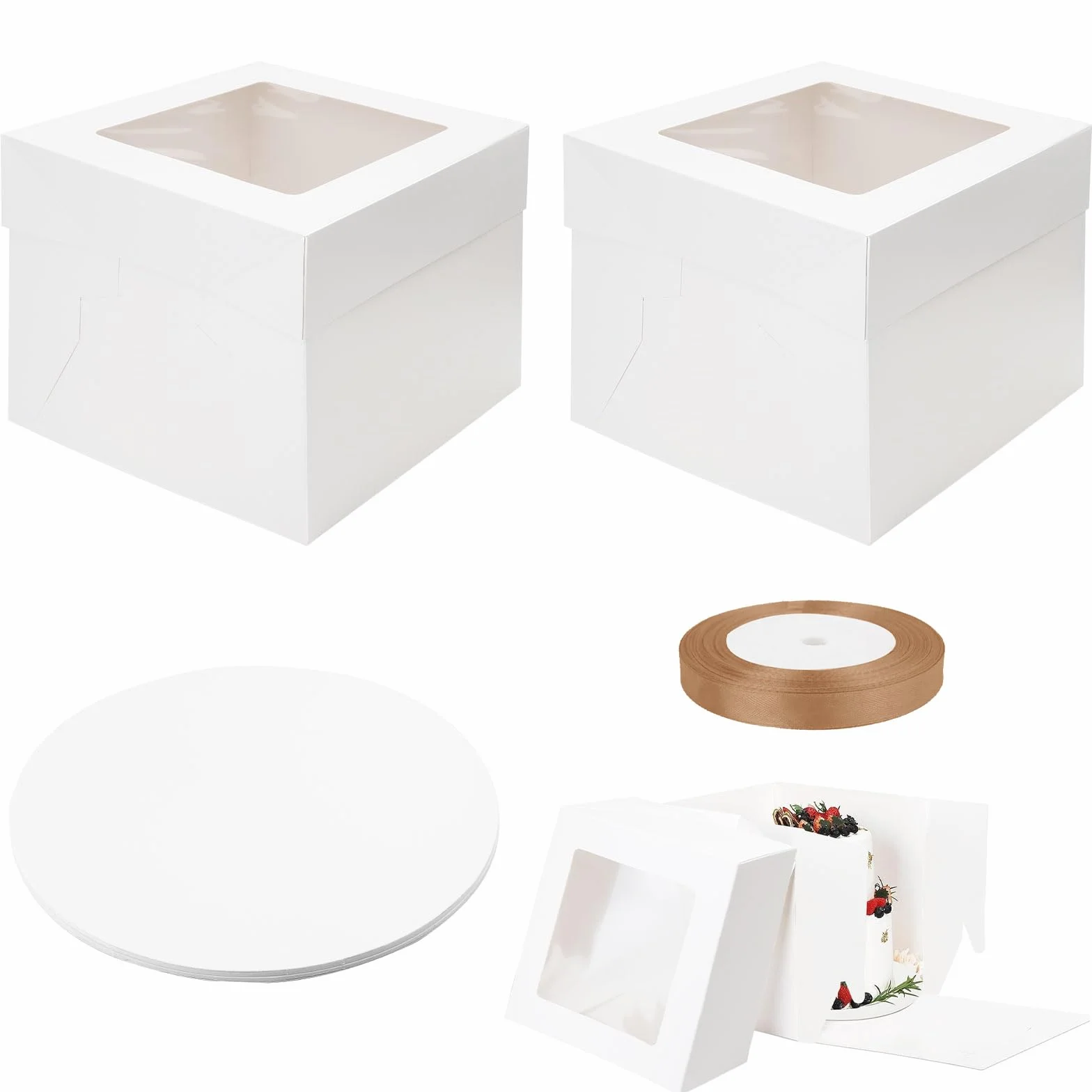 VOSSOT Zestaw pudełek na tort, 2 sztuki, pudełko transportowe z okienkiem i paterą na tort, wymiary 25 x 25 x 20 cm i 25 x 25 x 25 cm, w zestawie pudełko na ciasto z wstążką do szampana, idealne na