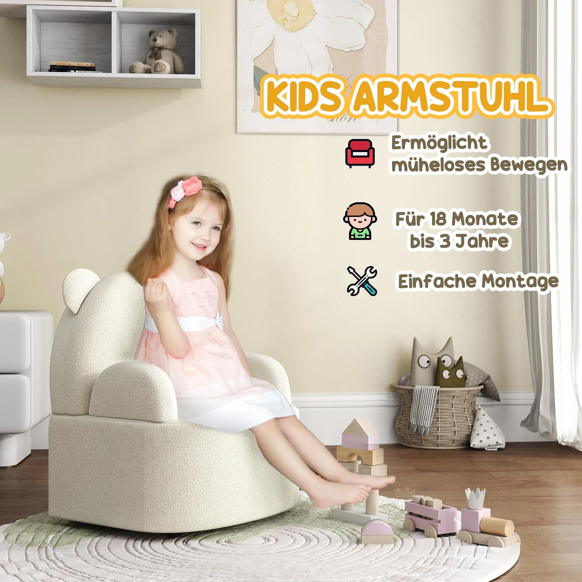 AIYAPLAY Fotel dziecięcy, sofa dziecięca z miękkim polarem, kształt misia, krzesło dla dzieci od 1,5 roku życia, pokój zabaw, beżowy