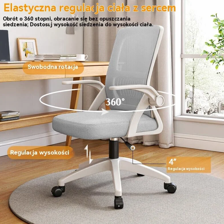 Krzesło Biurowe Ergonomiczne z Oddychającej Siatki, Wysoki Tył, Regulacja Wysokości, Obrotowe, Podłokietniki, Wsparcie Lędźwiowe Szary