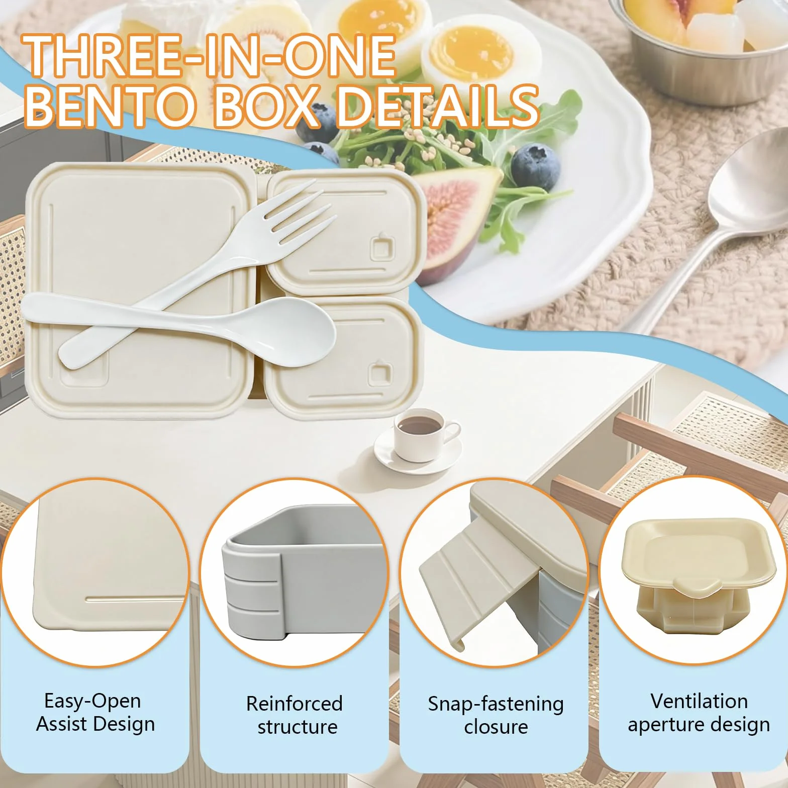 Lunch Box z Przegródkami 1760ml – Bento Box Szczelny i Sztaplowany – Modularny Pojemnik 3w1, BPA Free, Do Mikrofalówki – Zestaw z Łyżką i Widelcem (Szary)