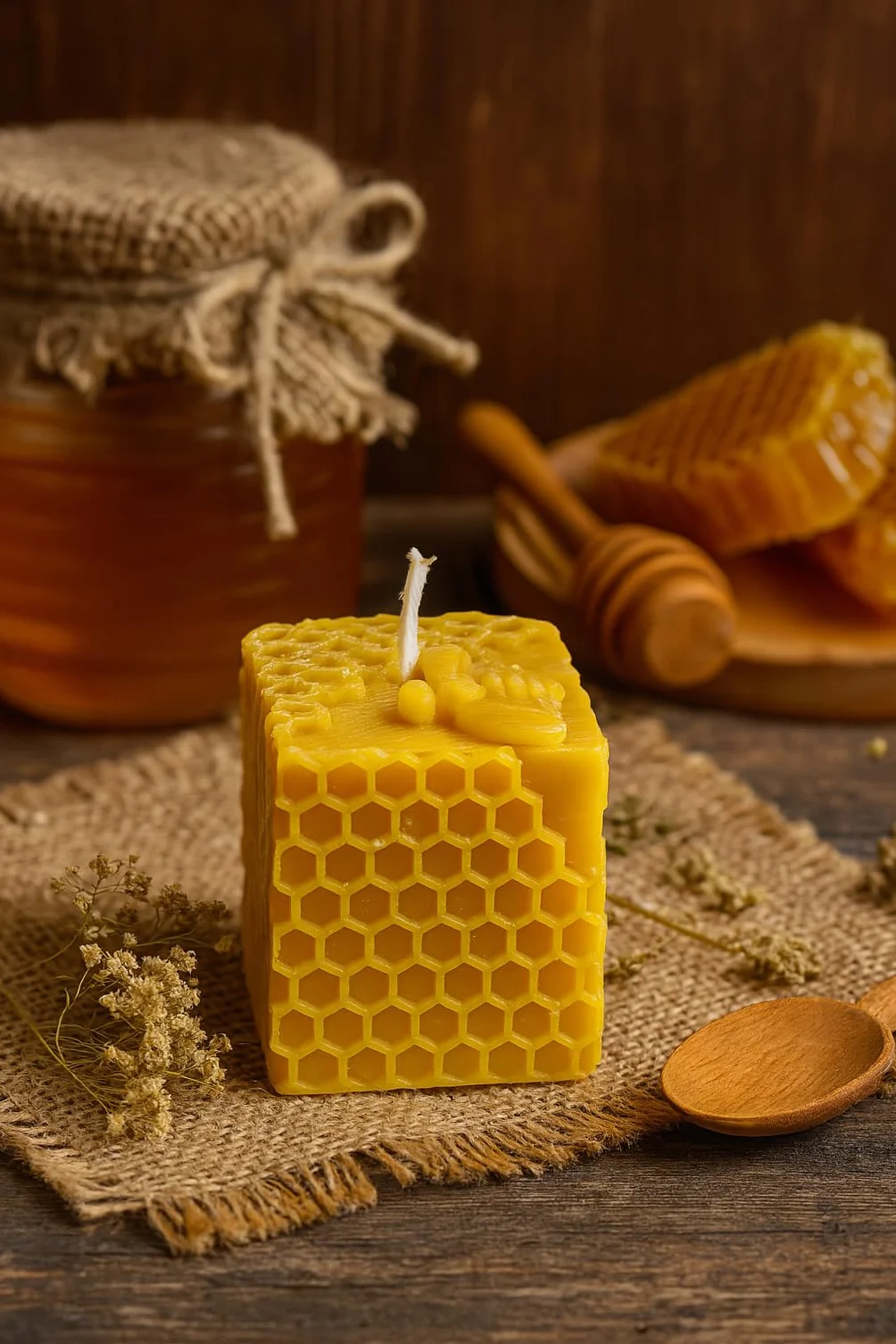 BeesWax World ręcznie wykonana – z bawełnianym knotem – 100% wosku pszczelego – dekoracyjna i trwała – różne kształty do wyboru (Pszczeli Sześcian)