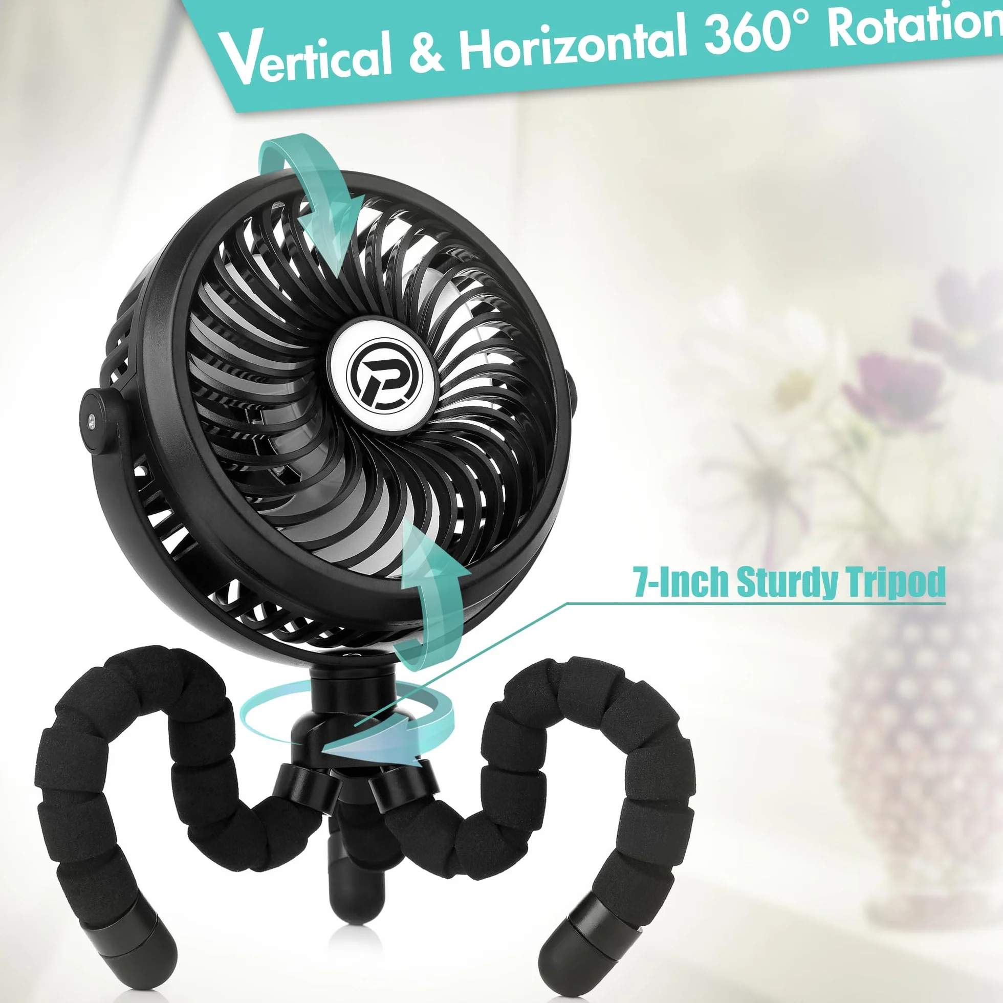 Mini Ventilador USB,2600mAh alimentado por batería oscilante 360° Girar 3 Velocidades para coche / cochecito / caminadora / camping / barbacoa / gimnasio