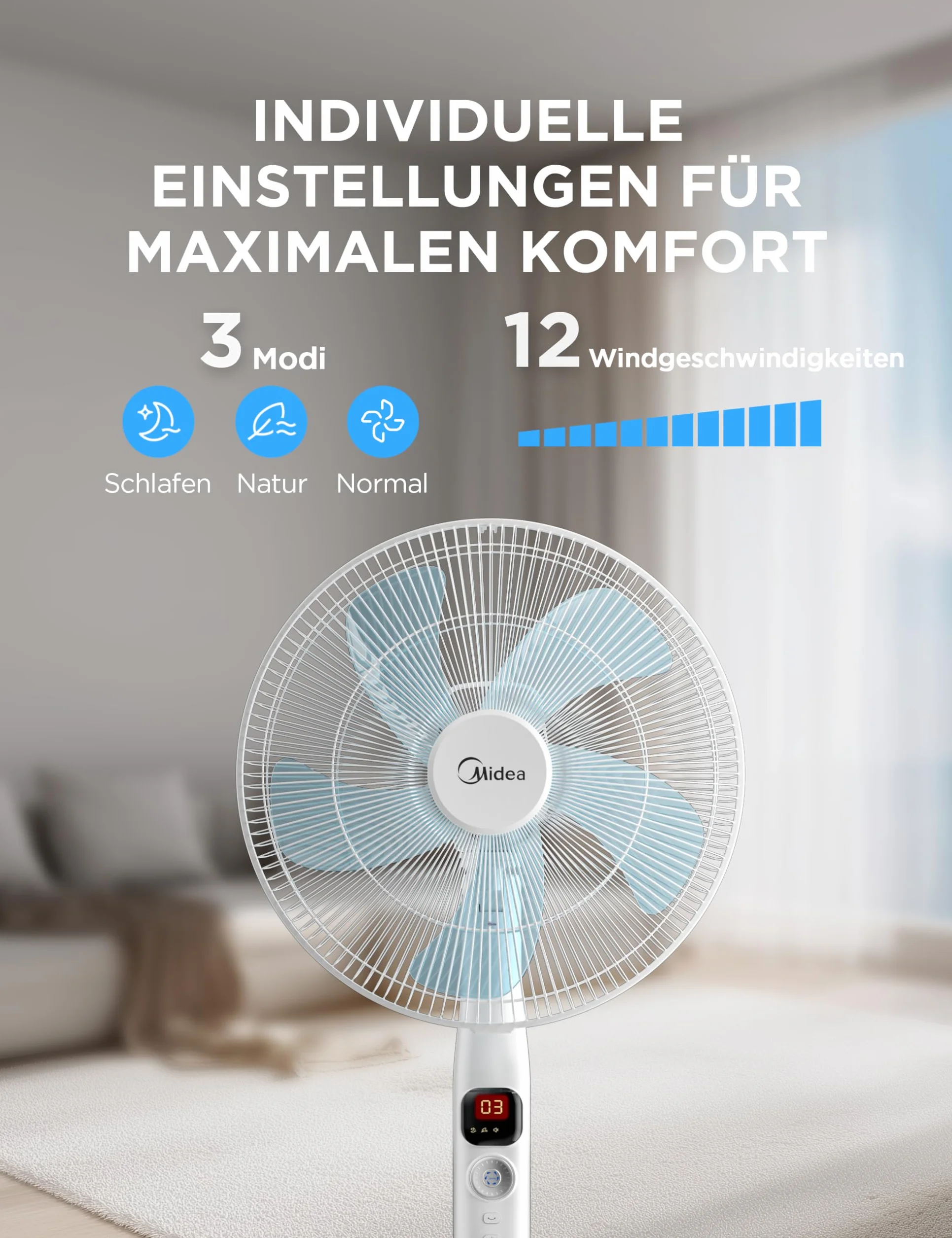 Midea FS40-16CR DC wentylator stojący, cichy, z pilotem zdalnego sterowania, 12 prędkości, timer 12 h, 4 tryby, wskaźnik LED, energooszczędny, 27 dB, regulacja wysokości, cyrkulacja powietrza, biały