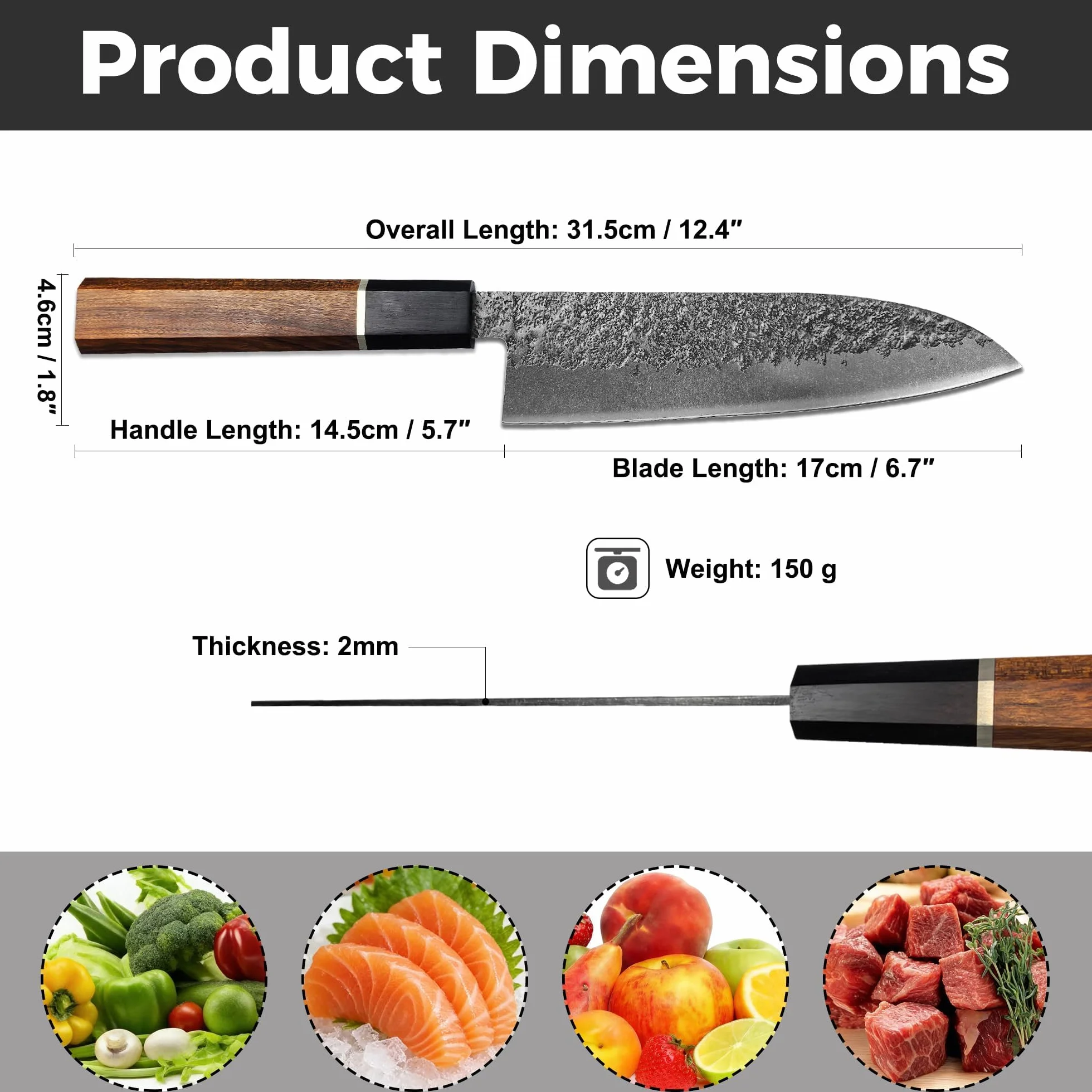 Kitory Nóż Santoku japoński Kitory 17 cm, stal 4Cr13MoV | Ultraostry profesjonalny, Rączka z czarnego drewna, Wkładka z czerwonej gumy, Prezent 2026 dla domu i restauracji
