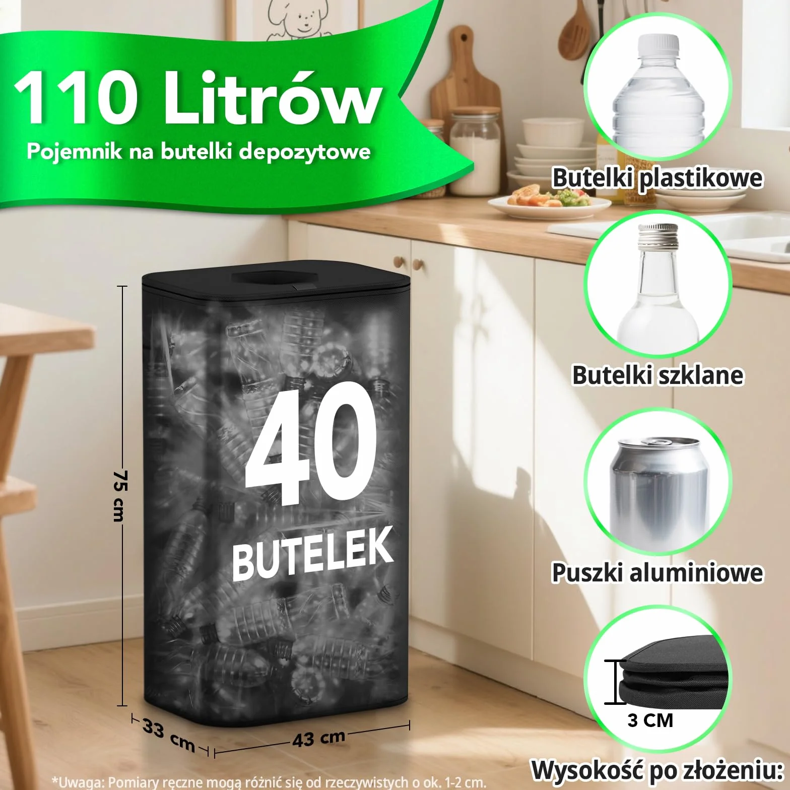 110L Pojemnik na butelki depozytowe z pokrywką, duża torba do przechowywania depozytów, torba na opróżnione butelki z otworem do kuchni i gospodarstwa domowego (Czarny)