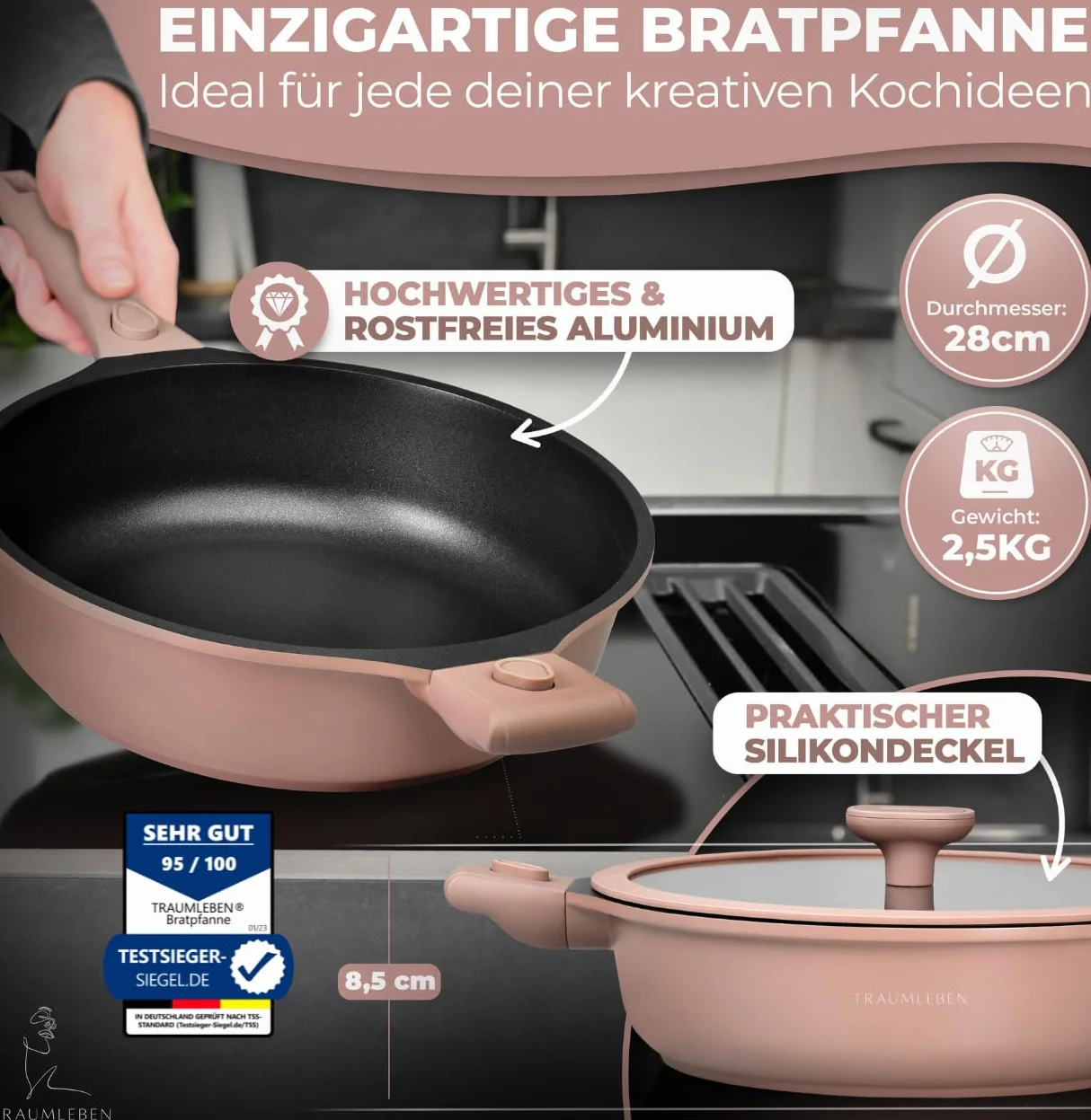 TRAUMLEBEN® Patelnia 28 cm z pokrywką, zdejmowane uchwyty i wskaźniki ciepła, nie zawiera PFOA, nadaje się do kuchenek indukcyjnych, powlekana patelnia z wysoką krawędzią do smażenia, duszenia, duszenia, gotowania i delektowania się