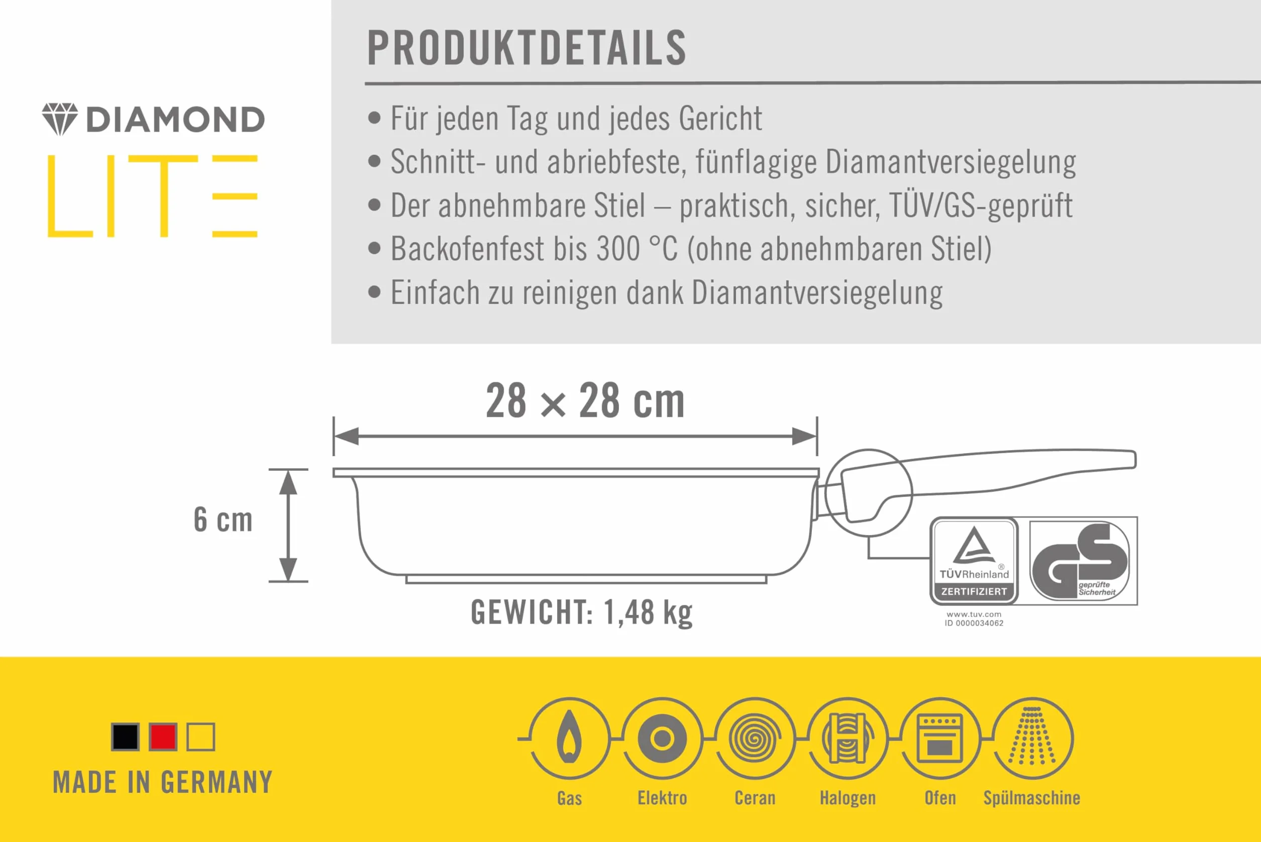 Woll Diamond Lite Patelnia czworokątna, 26 x 26 cm, wysokość 6 cm, ze zdejmowanym trzonkiem – nadaje się do ceramiki, gazu, elektrycznego, halogenowego – nie nadaje się do płyt indukcyjnych, odlew