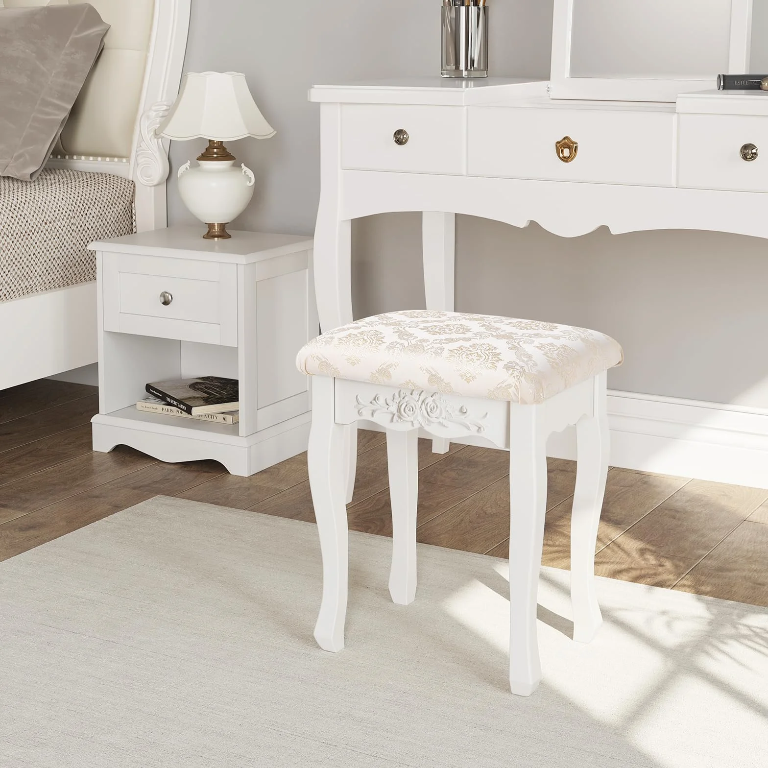 WOLTU MB6011 Taboret do Makijażu w Stylu Wiejskim, Barokowy, Tapicerowany do Toaletki, Drewno MDF, Lakierowane na Biało
