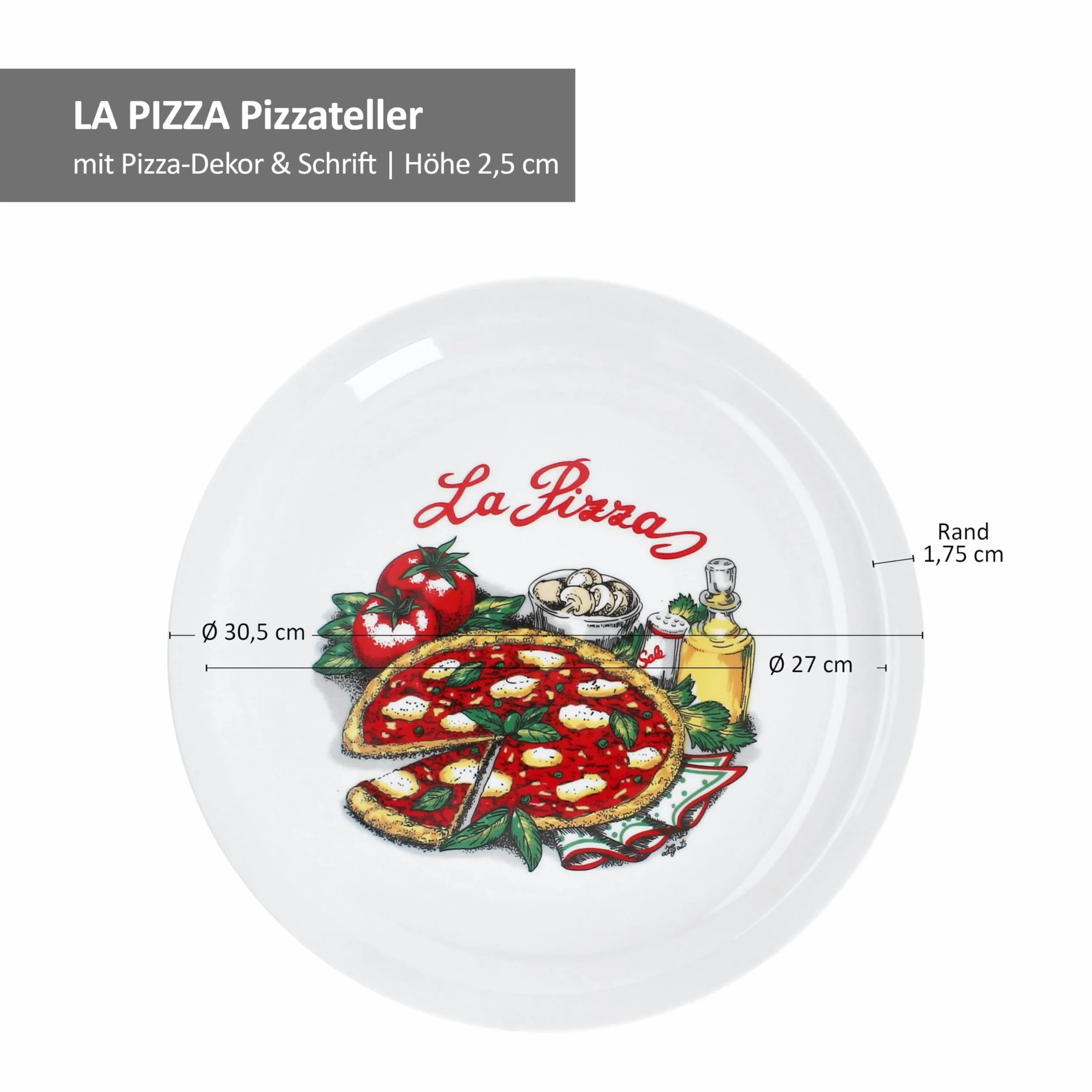 MamboCat La Pizza 6-częściowy zestaw talerz do pizzy, Ø 30,5 cm, dla 6 osób, duże talerze do pizzy z porcelany z dekoracją i napisem, na pizzę lub do przyrządzania, półmisek do obiadu