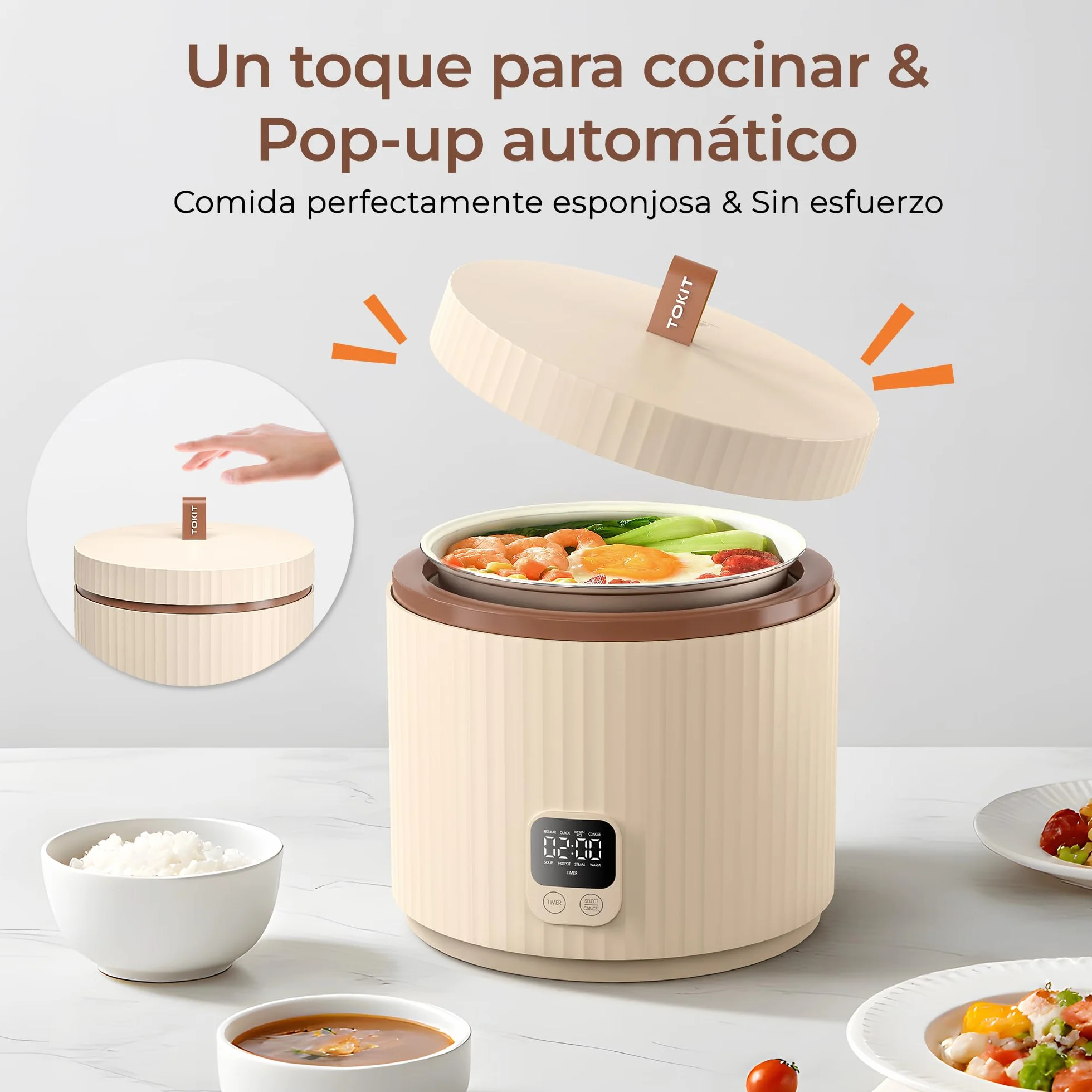 TOKIT Rice Cooker Pro szybkowar do ryżu, 1,5 l, mały, ale wielofunkcyjny, z przyciskiem dotykowym wyświetlacza, dla 1-3 osób, powłoka ceramiczna, nieprzywierająca, wewnętrzna doniczka do ryżu (biały)