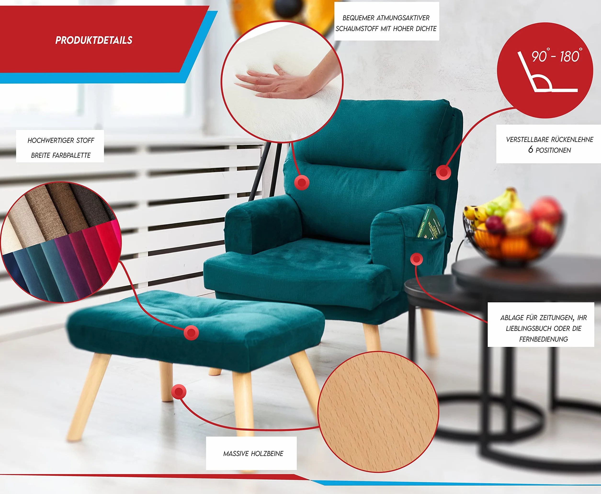 Grekpol - Fotel NEMO, nowoczesny fotel do salonu, sypialni z 5-stopniową regulacją, styl skandynawski (Solo 261 Blue)
