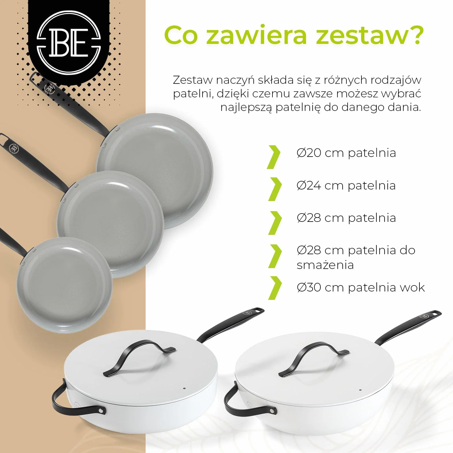 BE Living Essential 5-częściowy zestaw garnków, Ø 20, 24 i 28 cm patelnia do smażenia + Ø 30 cm patelnia do gotowania + Ø 28 cm, zestaw patelni, ceramiczne, bez PFAS, indukcja, biały